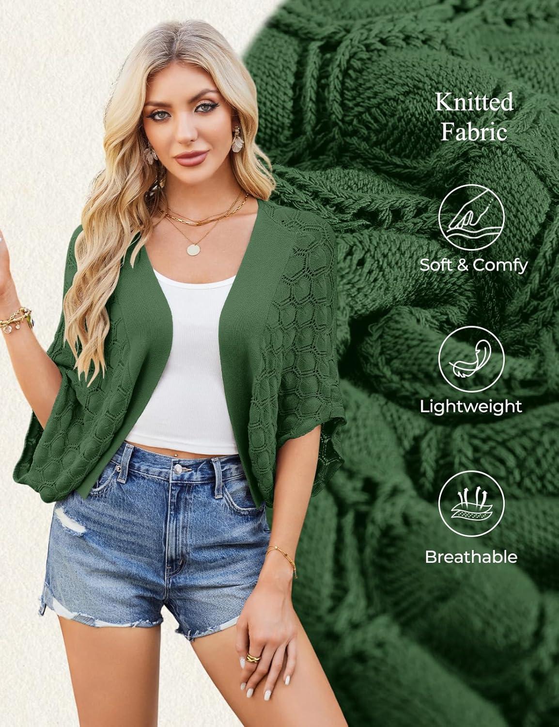 imageGRACE KARIN Summer Cropped Cardigan for Women 2026 Batwing Sleeve Crochet Bolero Shrug Sweaters Lightweight Beach Boho KimonoArmy Green