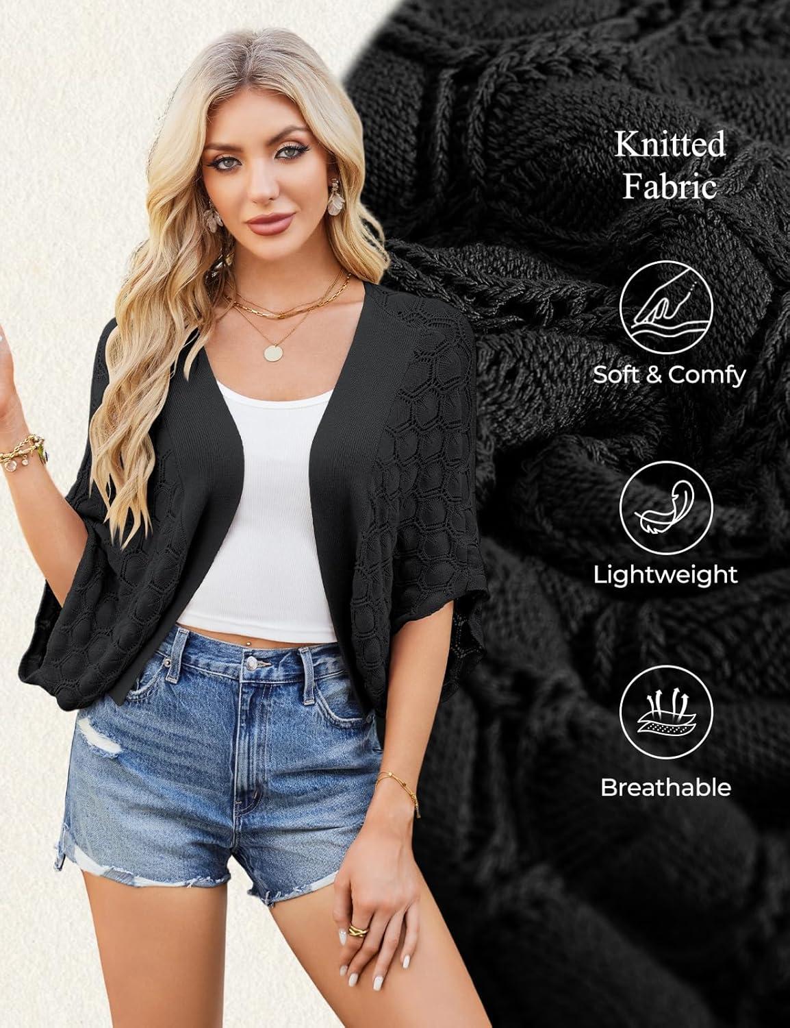 imageGRACE KARIN Summer Cropped Cardigan for Women 2026 Batwing Sleeve Crochet Bolero Shrug Sweaters Lightweight Beach Boho KimonoBlack