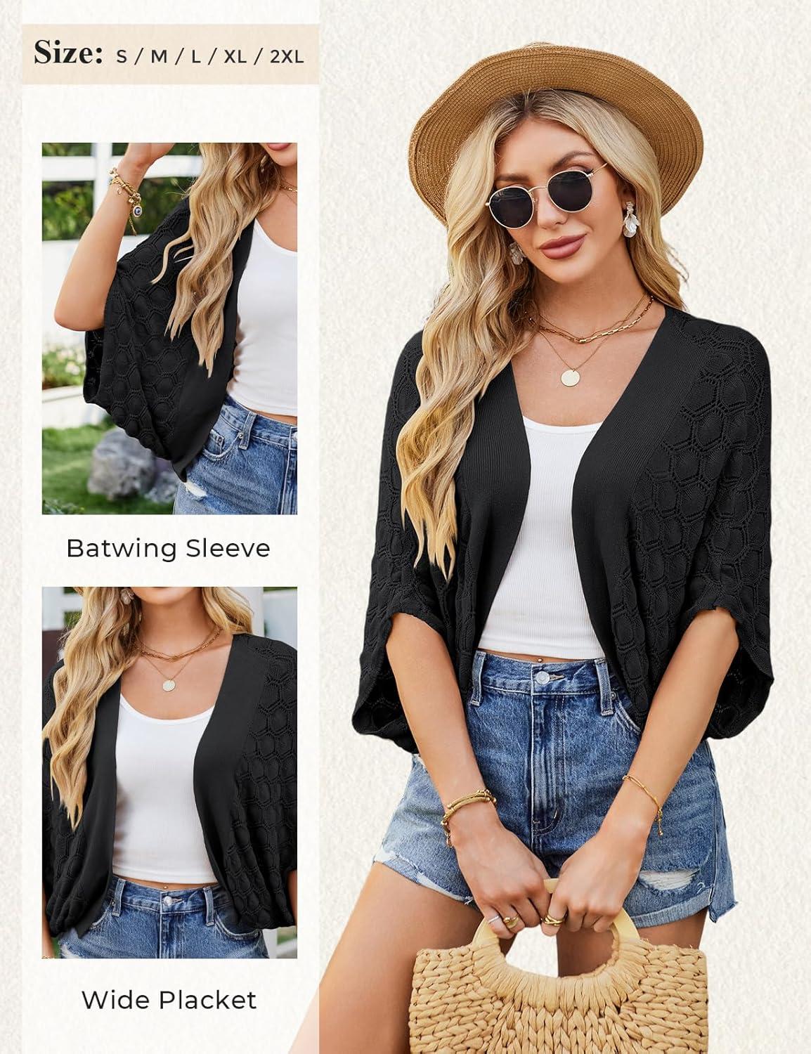 imageGRACE KARIN Summer Cropped Cardigan for Women 2026 Batwing Sleeve Crochet Bolero Shrug Sweaters Lightweight Beach Boho KimonoBlack