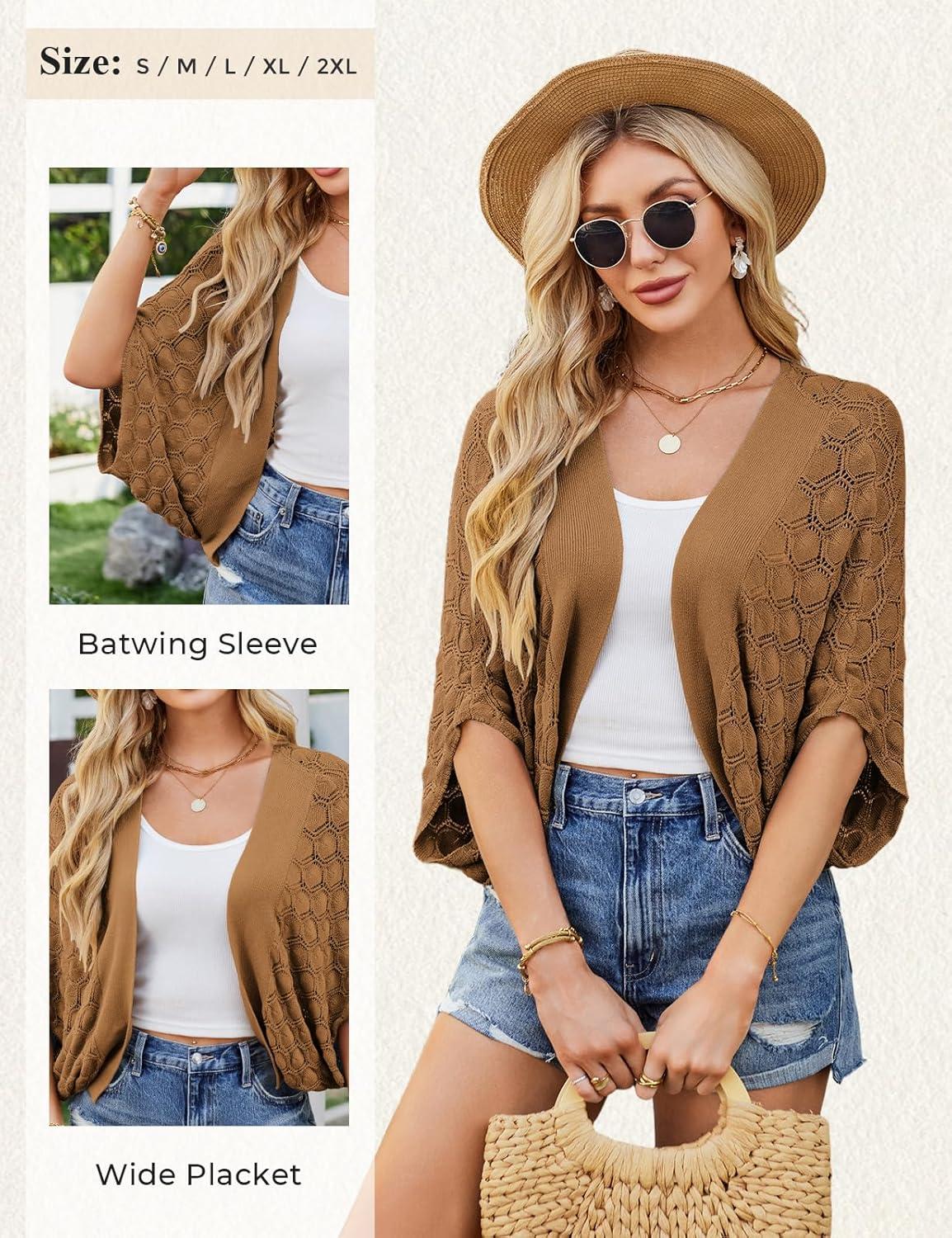 imageGRACE KARIN Summer Cropped Cardigan for Women 2026 Batwing Sleeve Crochet Bolero Shrug Sweaters Lightweight Beach Boho KimonoCoffee