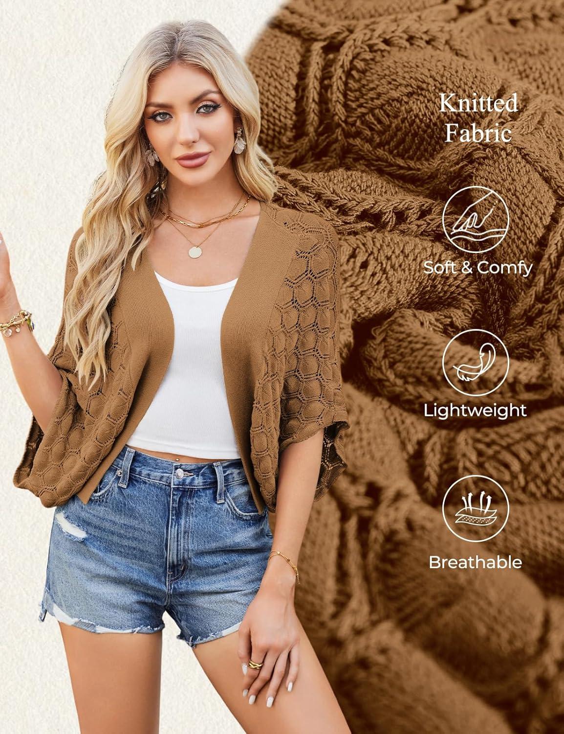 imageGRACE KARIN Summer Cropped Cardigan for Women 2026 Batwing Sleeve Crochet Bolero Shrug Sweaters Lightweight Beach Boho KimonoCoffee