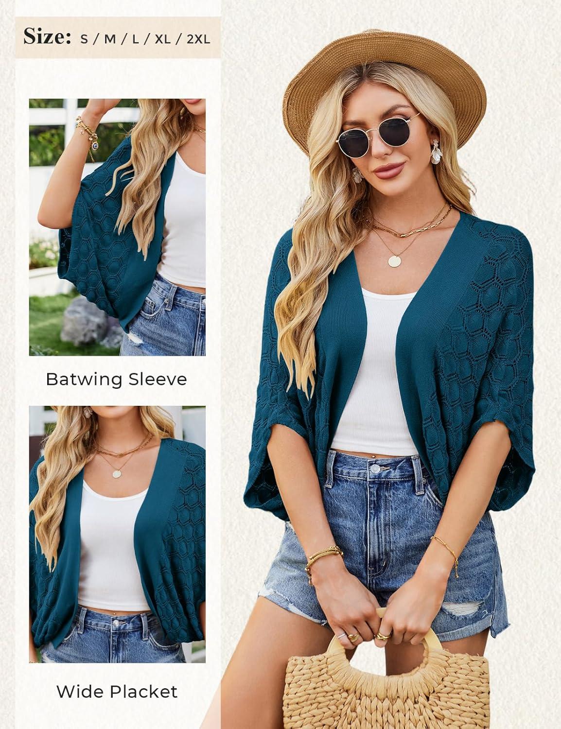 imageGRACE KARIN Summer Cropped Cardigan for Women 2026 Batwing Sleeve Crochet Bolero Shrug Sweaters Lightweight Beach Boho KimonoDark Blue
