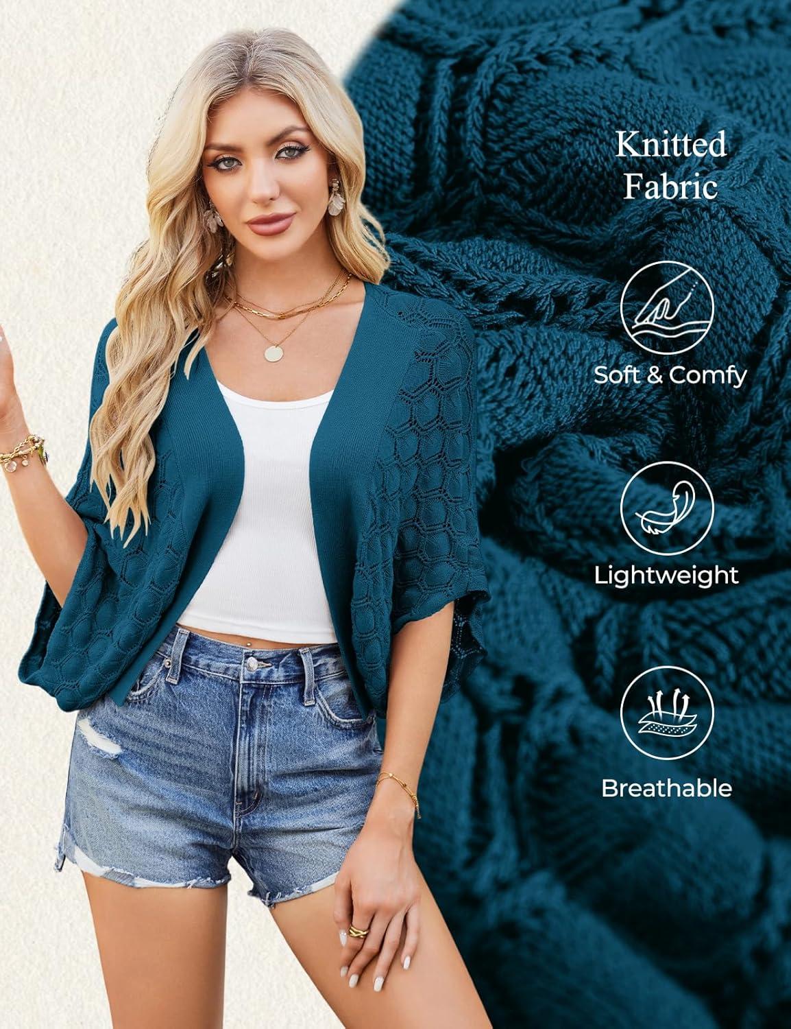 imageGRACE KARIN Summer Cropped Cardigan for Women 2026 Batwing Sleeve Crochet Bolero Shrug Sweaters Lightweight Beach Boho KimonoDark Blue