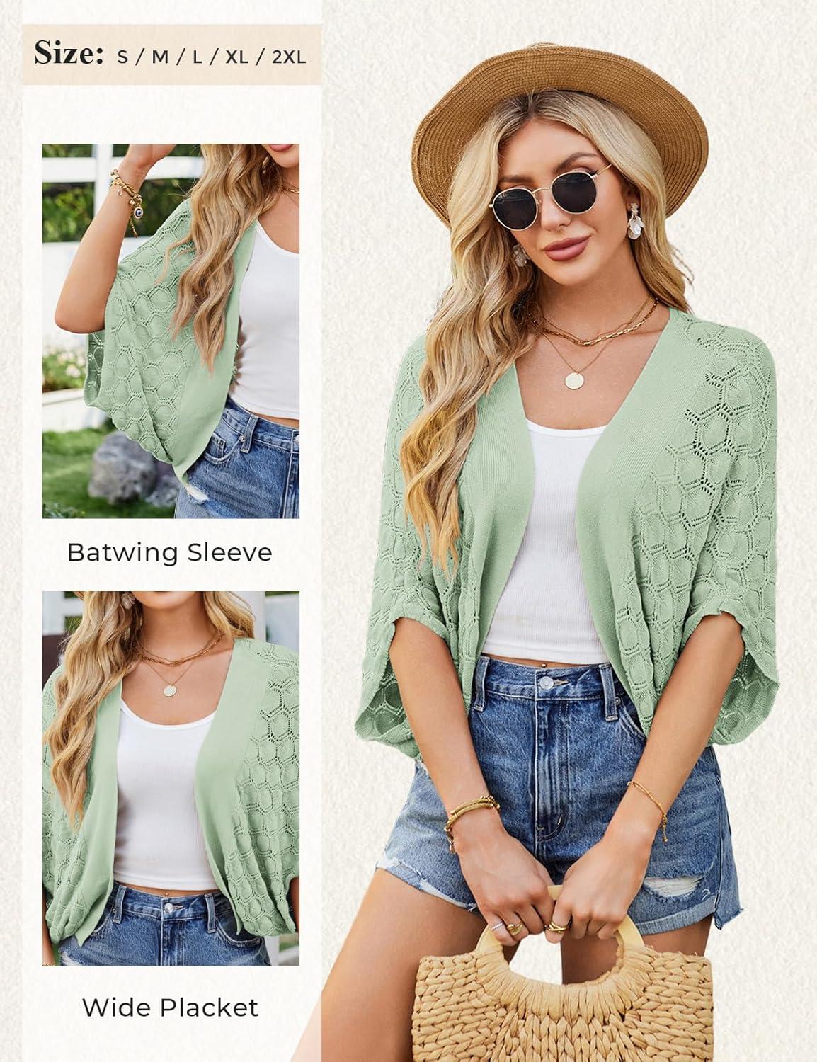 imageGRACE KARIN Summer Cropped Cardigan for Women 2026 Batwing Sleeve Crochet Bolero Shrug Sweaters Lightweight Beach Boho KimonoGreen