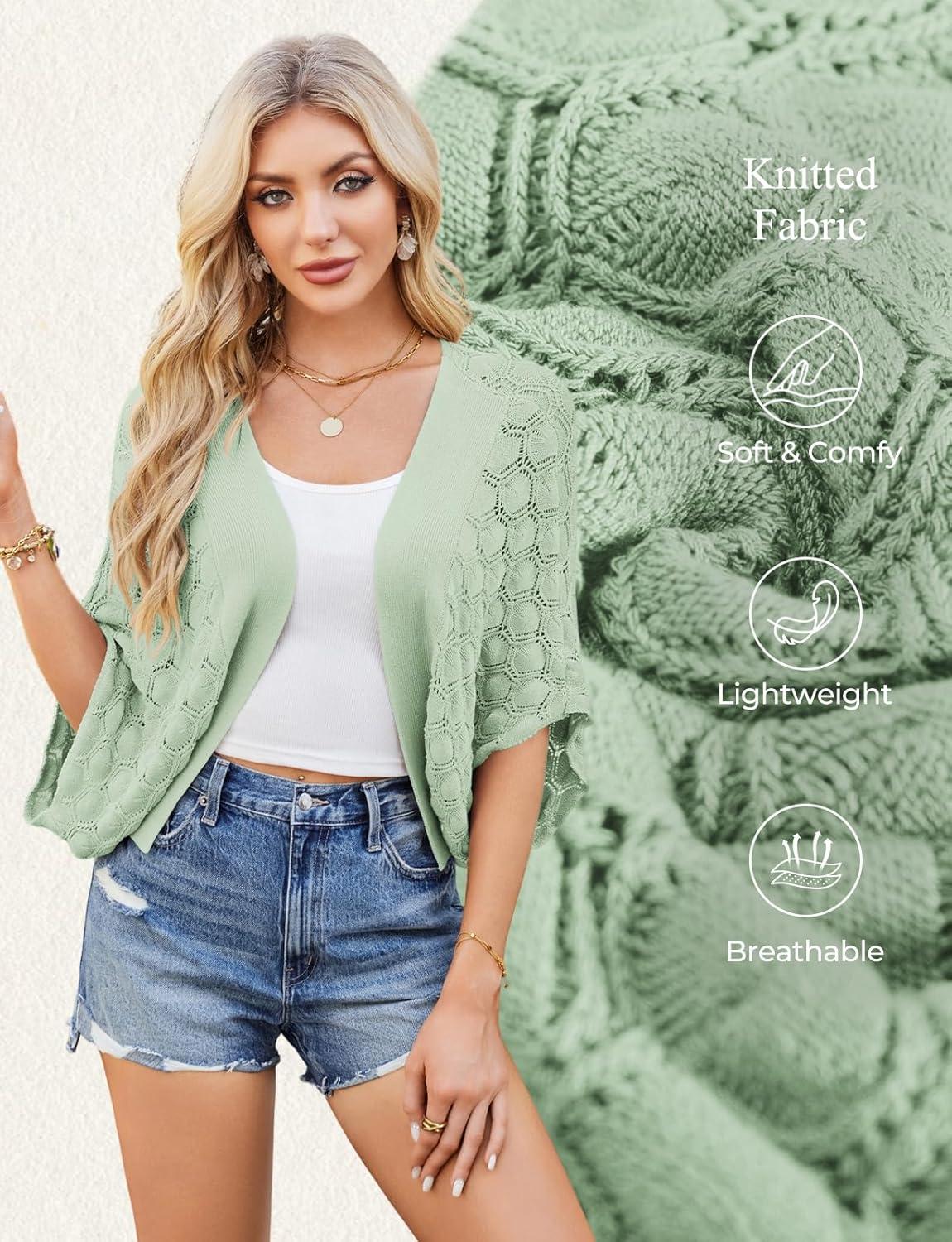 imageGRACE KARIN Summer Cropped Cardigan for Women 2026 Batwing Sleeve Crochet Bolero Shrug Sweaters Lightweight Beach Boho KimonoGreen