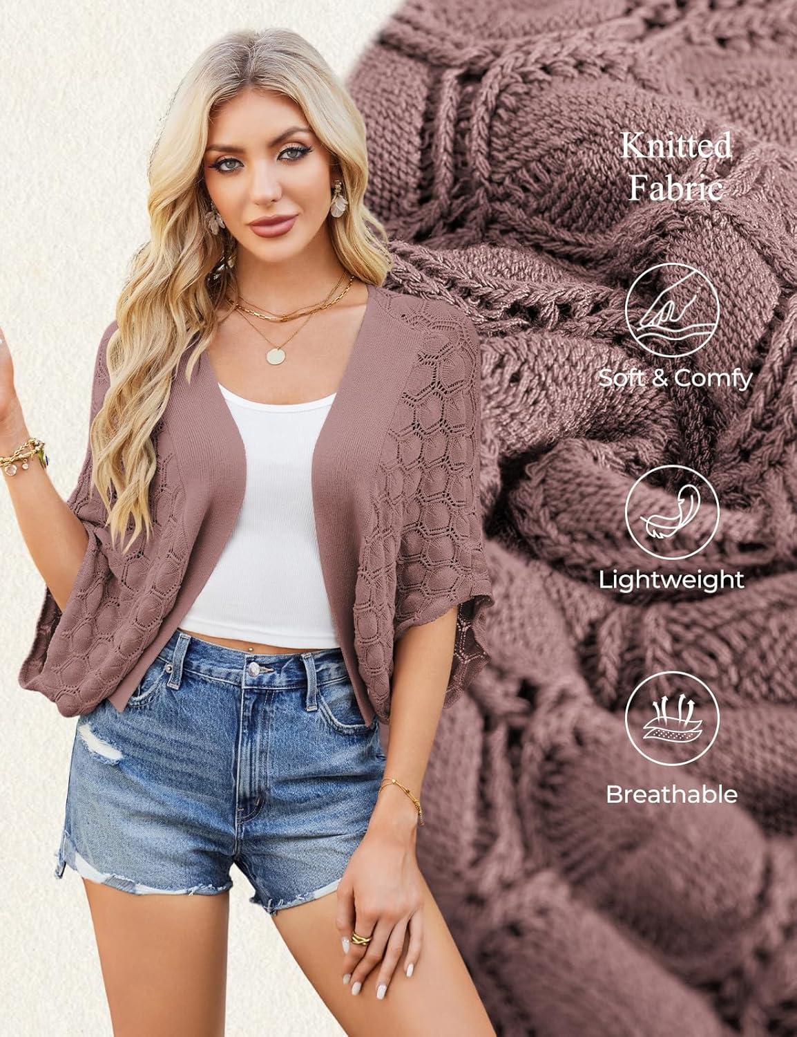 imageGRACE KARIN Summer Cropped Cardigan for Women 2026 Batwing Sleeve Crochet Bolero Shrug Sweaters Lightweight Beach Boho KimonoGrey Pink