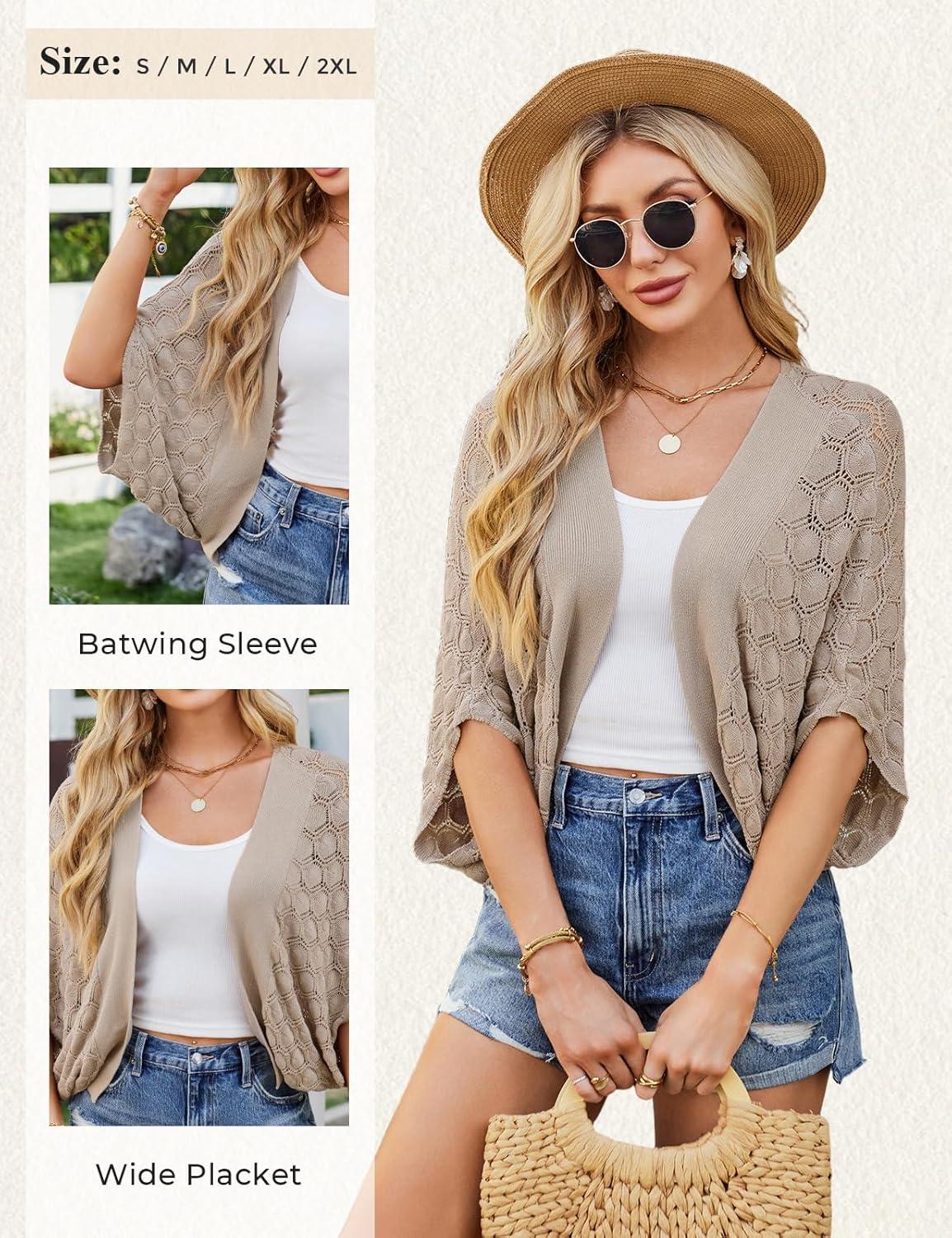 imageGRACE KARIN Summer Cropped Cardigan for Women 2026 Batwing Sleeve Crochet Bolero Shrug Sweaters Lightweight Beach Boho KimonoKhaki