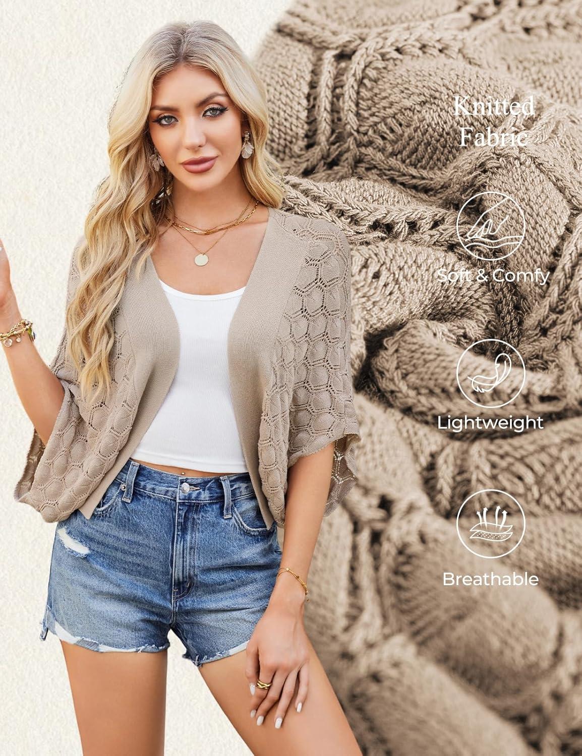 imageGRACE KARIN Summer Cropped Cardigan for Women 2026 Batwing Sleeve Crochet Bolero Shrug Sweaters Lightweight Beach Boho KimonoKhaki