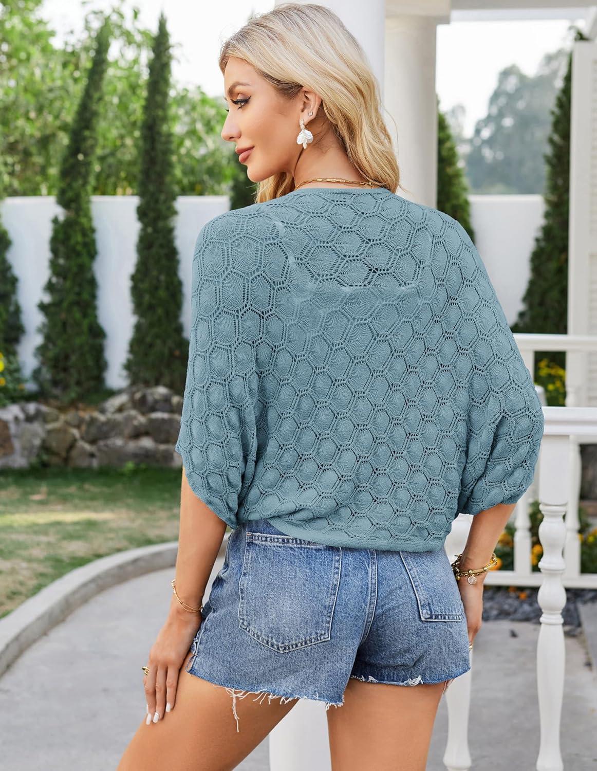 imageGRACE KARIN Summer Cropped Cardigan for Women 2026 Batwing Sleeve Crochet Bolero Shrug Sweaters Lightweight Beach Boho KimonoLight Blue