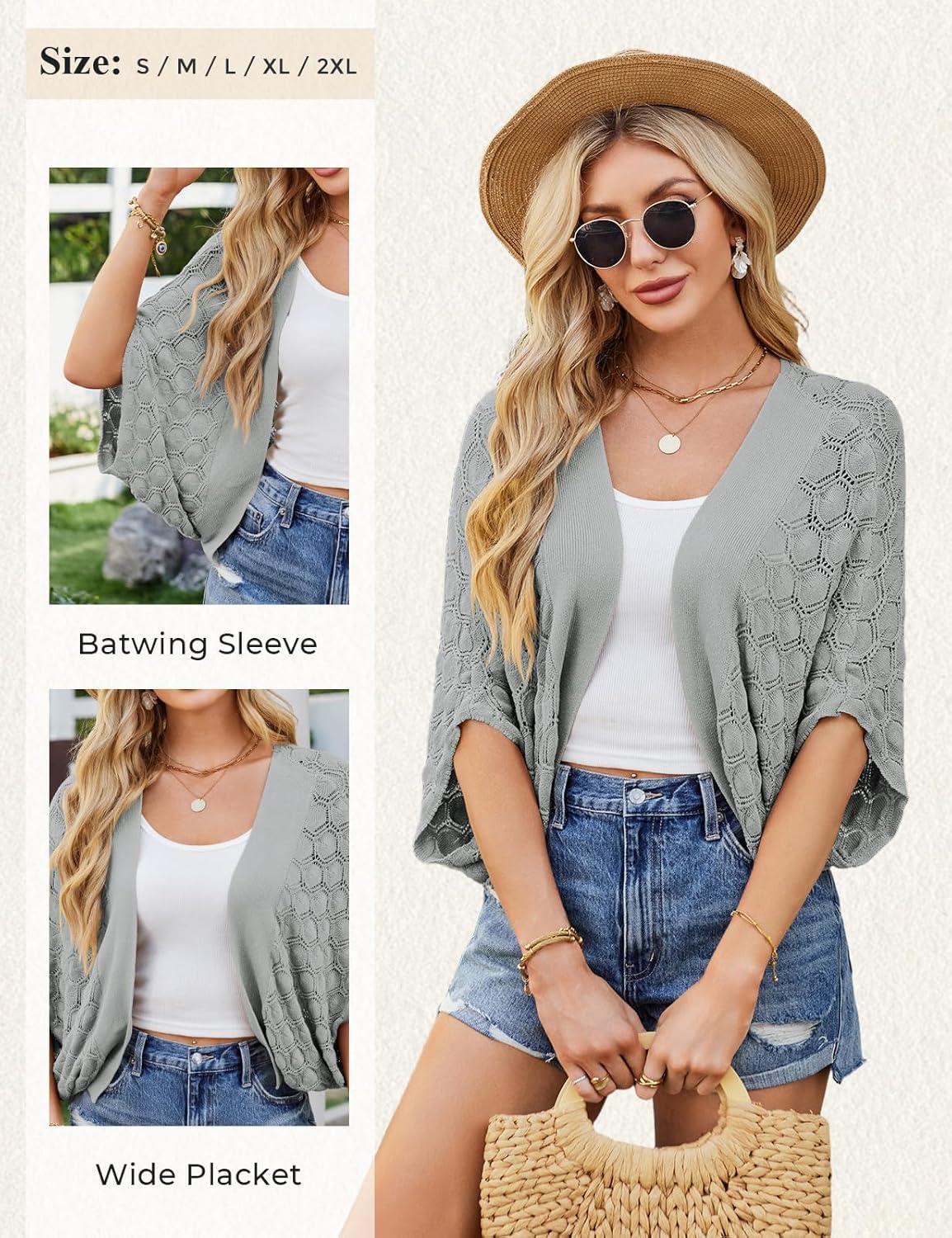 imageGRACE KARIN Summer Cropped Cardigan for Women 2026 Batwing Sleeve Crochet Bolero Shrug Sweaters Lightweight Beach Boho KimonoLight Grey