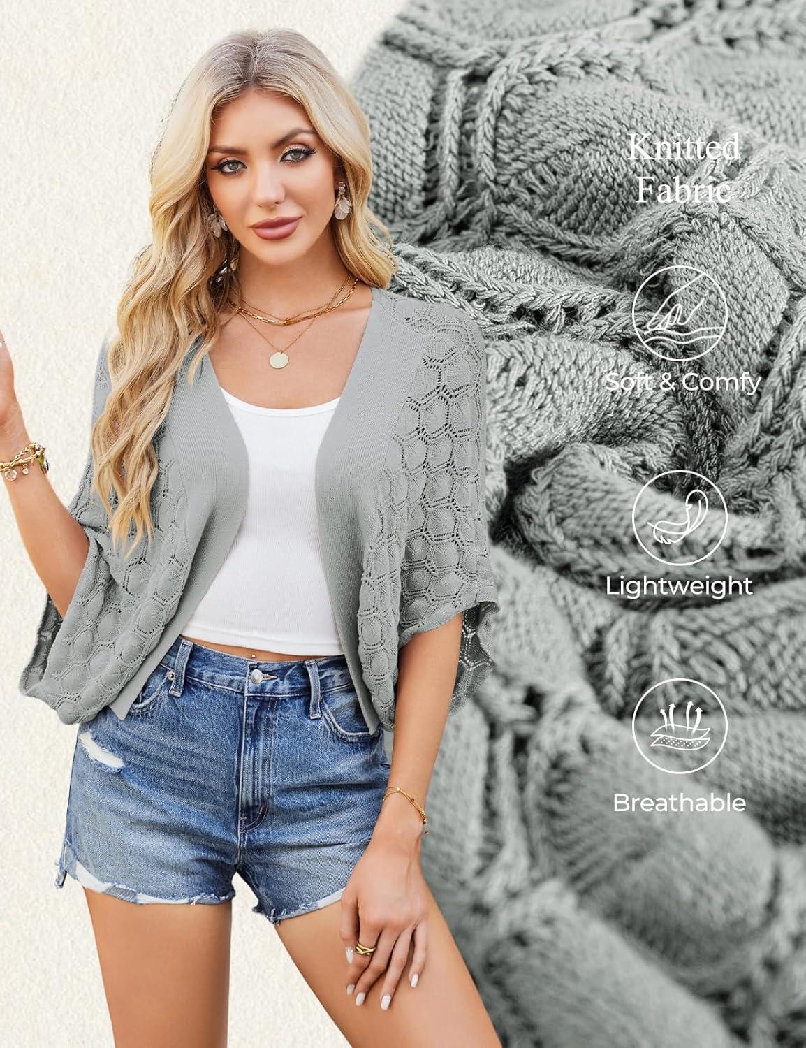 imageGRACE KARIN Summer Cropped Cardigan for Women 2026 Batwing Sleeve Crochet Bolero Shrug Sweaters Lightweight Beach Boho KimonoLight Grey