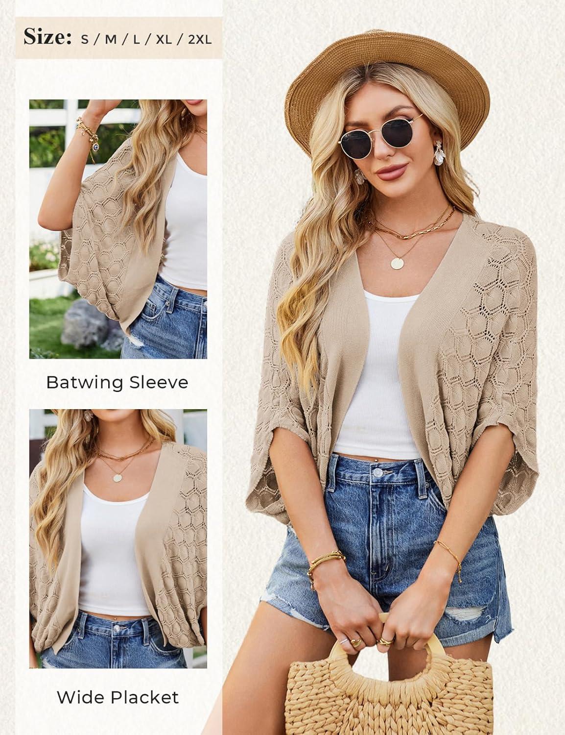 imageGRACE KARIN Summer Cropped Cardigan for Women 2026 Batwing Sleeve Crochet Bolero Shrug Sweaters Lightweight Beach Boho KimonoLight Khaki