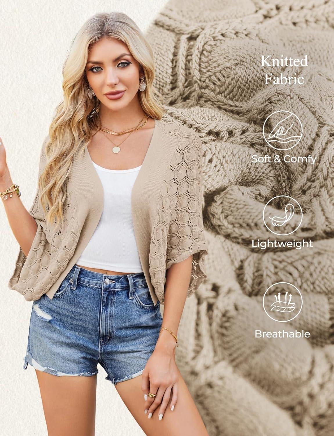 imageGRACE KARIN Summer Cropped Cardigan for Women 2026 Batwing Sleeve Crochet Bolero Shrug Sweaters Lightweight Beach Boho KimonoLight Khaki