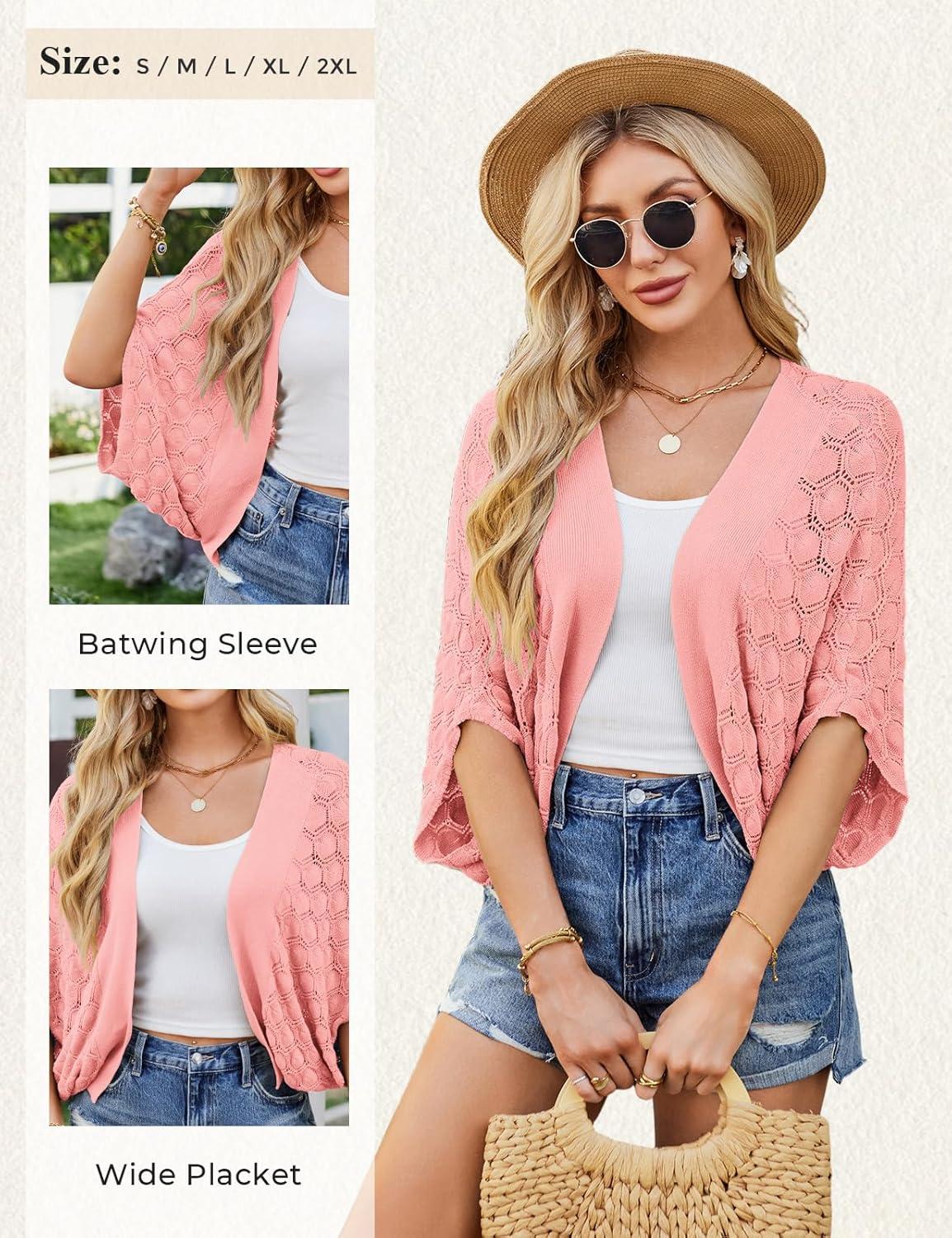 imageGRACE KARIN Summer Cropped Cardigan for Women 2026 Batwing Sleeve Crochet Bolero Shrug Sweaters Lightweight Beach Boho KimonoLight Pink