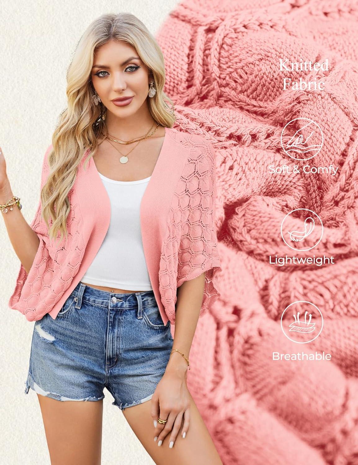 imageGRACE KARIN Summer Cropped Cardigan for Women 2026 Batwing Sleeve Crochet Bolero Shrug Sweaters Lightweight Beach Boho KimonoLight Pink