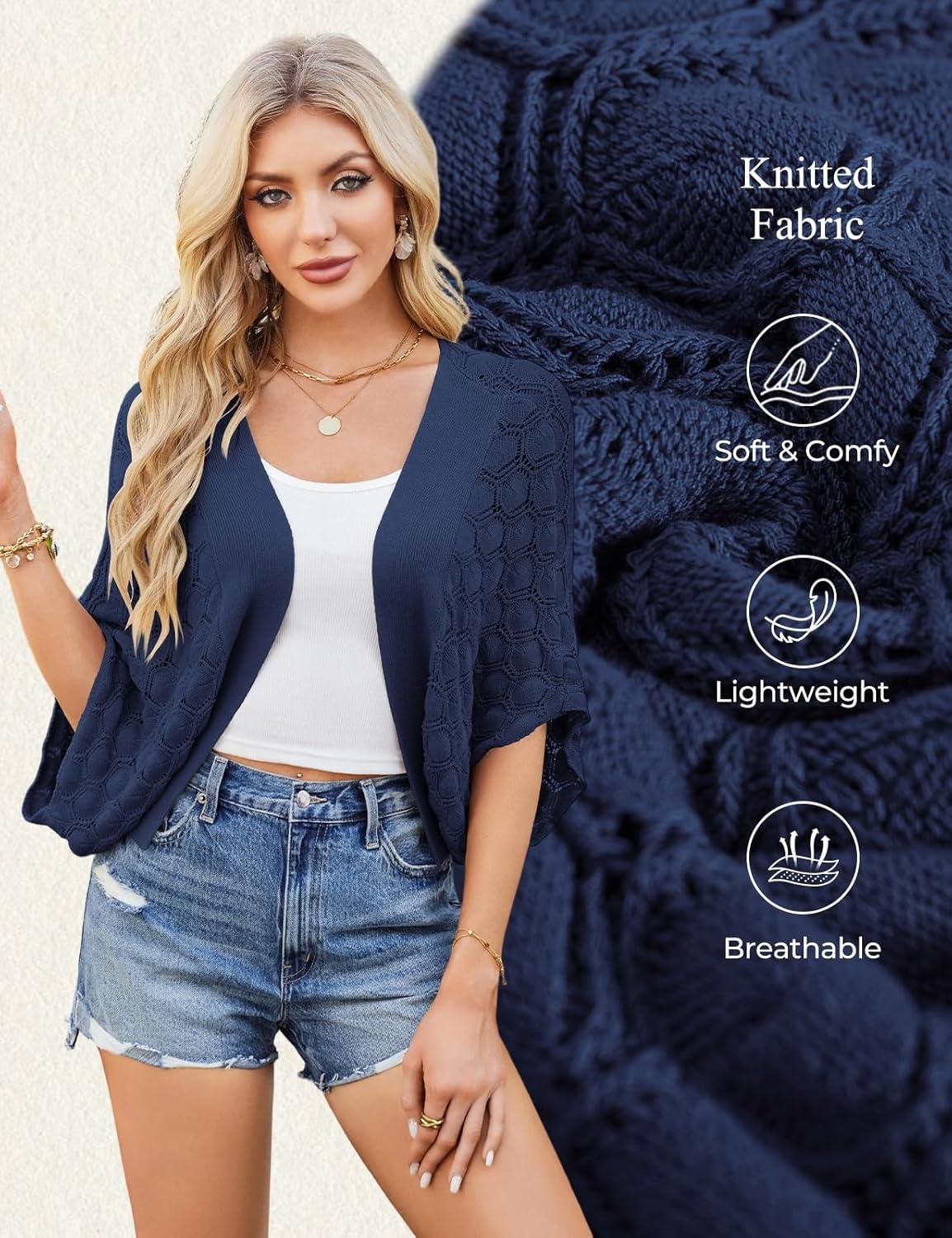 imageGRACE KARIN Summer Cropped Cardigan for Women 2026 Batwing Sleeve Crochet Bolero Shrug Sweaters Lightweight Beach Boho KimonoNavy Blue