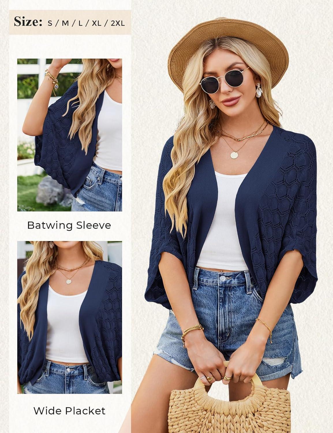 imageGRACE KARIN Summer Cropped Cardigan for Women 2026 Batwing Sleeve Crochet Bolero Shrug Sweaters Lightweight Beach Boho KimonoNavy Blue