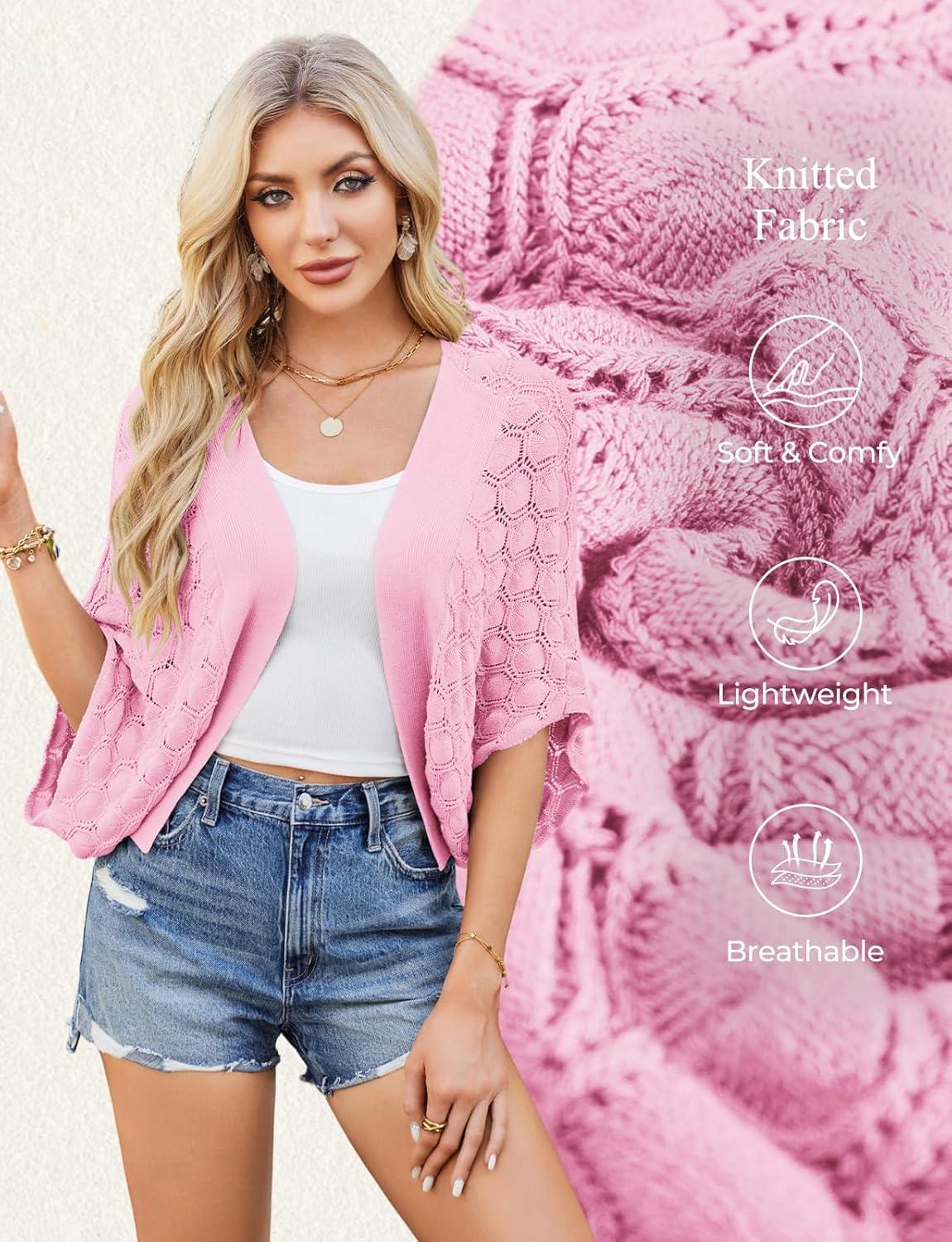 imageGRACE KARIN Summer Cropped Cardigan for Women 2026 Batwing Sleeve Crochet Bolero Shrug Sweaters Lightweight Beach Boho KimonoPastel Pink