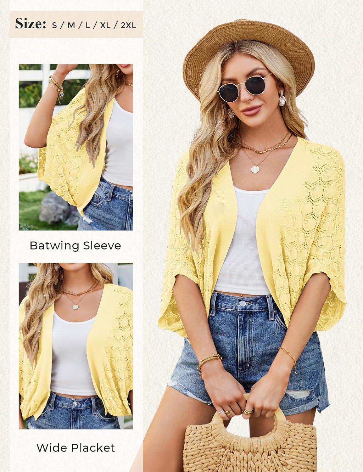 imageGRACE KARIN Summer Cropped Cardigan for Women 2026 Batwing Sleeve Crochet Bolero Shrug Sweaters Lightweight Beach Boho KimonoPastel Yellow