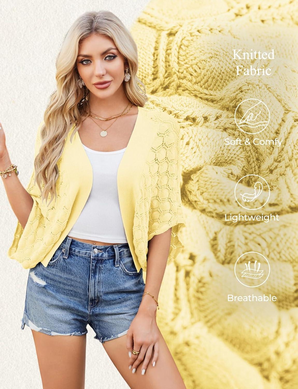 imageGRACE KARIN Summer Cropped Cardigan for Women 2026 Batwing Sleeve Crochet Bolero Shrug Sweaters Lightweight Beach Boho KimonoPastel Yellow