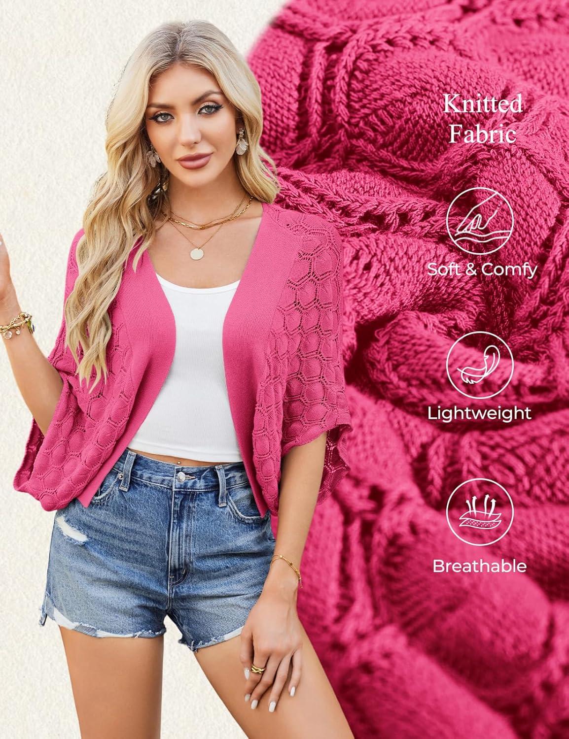 imageGRACE KARIN Summer Cropped Cardigan for Women 2026 Batwing Sleeve Crochet Bolero Shrug Sweaters Lightweight Beach Boho KimonoRose Red