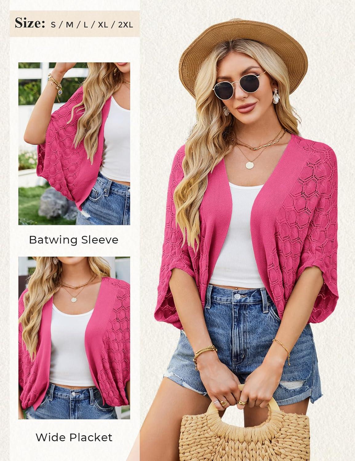 imageGRACE KARIN Summer Cropped Cardigan for Women 2026 Batwing Sleeve Crochet Bolero Shrug Sweaters Lightweight Beach Boho KimonoRose Red