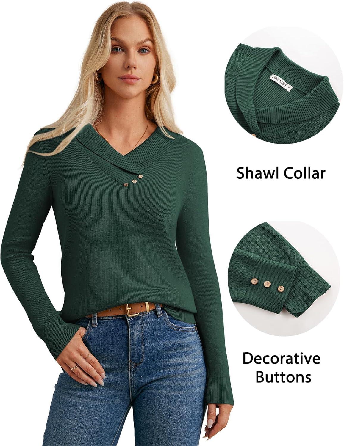 imageGRACE KARIN Sweaters for Women 2026 Spring Fashion Long Sleeve V Neck Collared Knitted Pullover Sweaters Dressy Work TopGreen