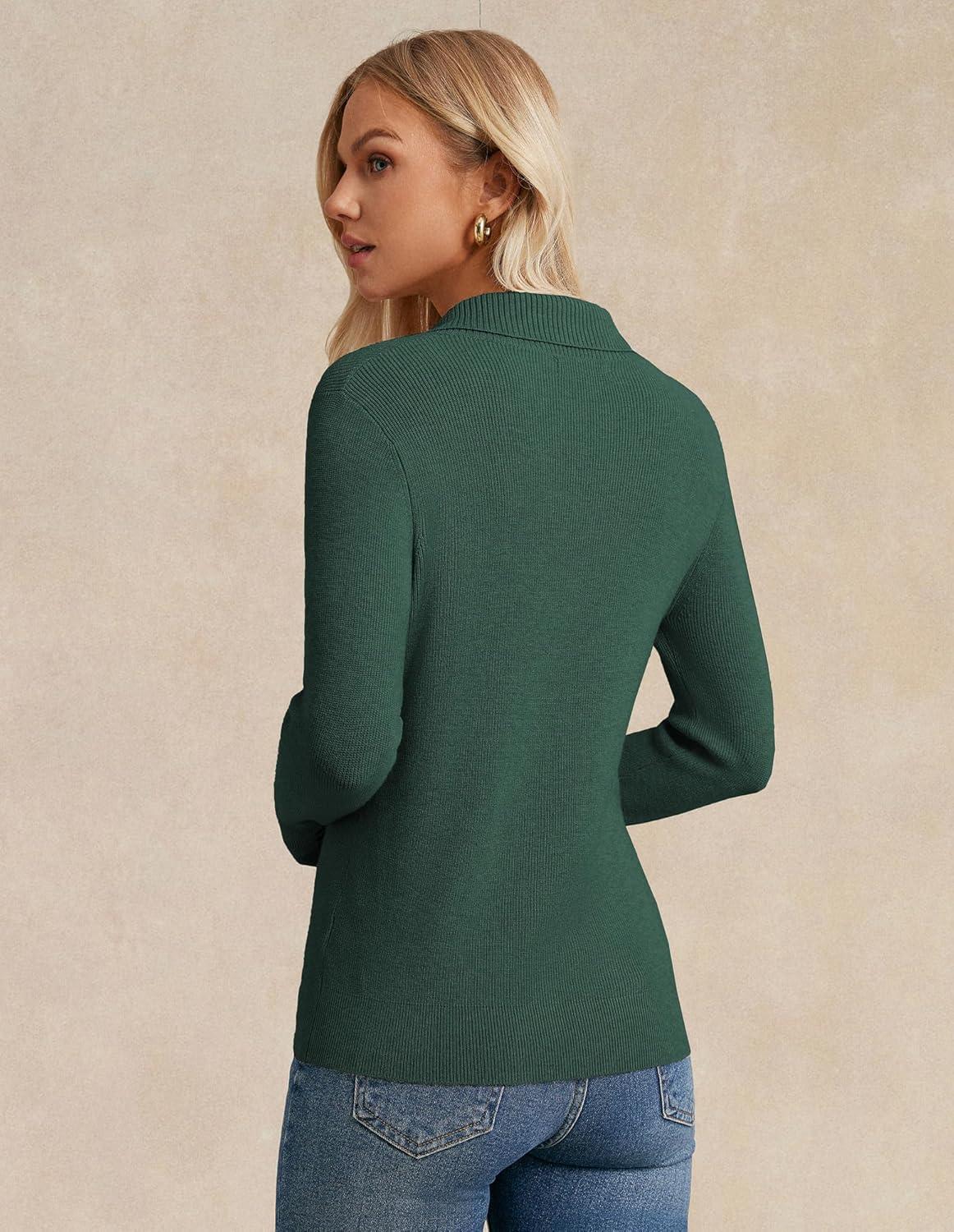 imageGRACE KARIN Sweaters for Women 2026 Spring Fashion Long Sleeve V Neck Collared Knitted Pullover Sweaters Dressy Work TopGreen