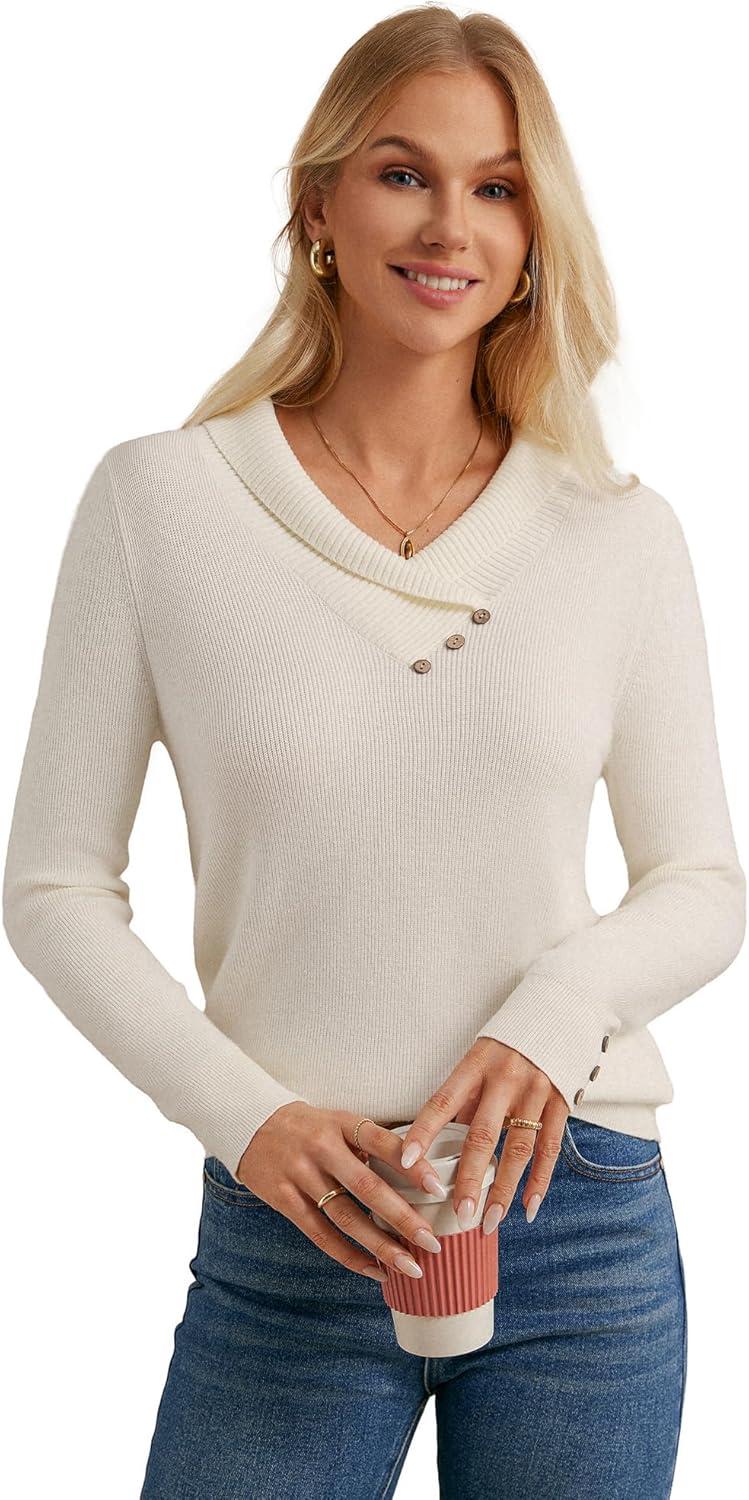 imageGRACE KARIN Sweaters for Women 2026 Spring Fashion Long Sleeve V Neck Collared Knitted Pullover Sweaters Dressy Work TopWhite