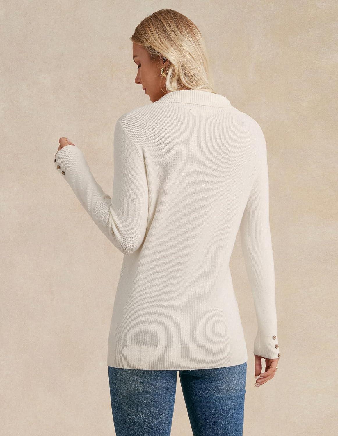 imageGRACE KARIN Sweaters for Women 2026 Spring Fashion Long Sleeve V Neck Collared Knitted Pullover Sweaters Dressy Work TopWhite