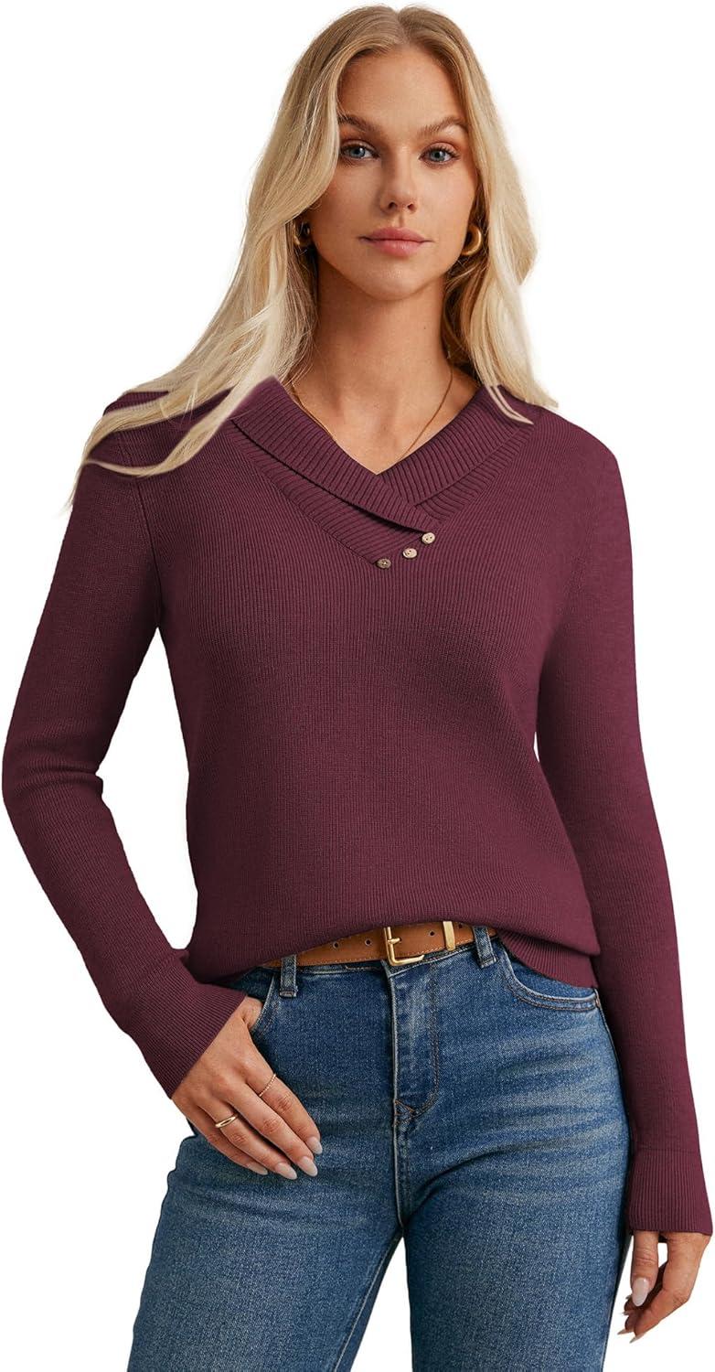 imageGRACE KARIN Sweaters for Women 2026 Spring Fashion Long Sleeve V Neck Collared Knitted Pullover Sweaters Dressy Work TopWine Red