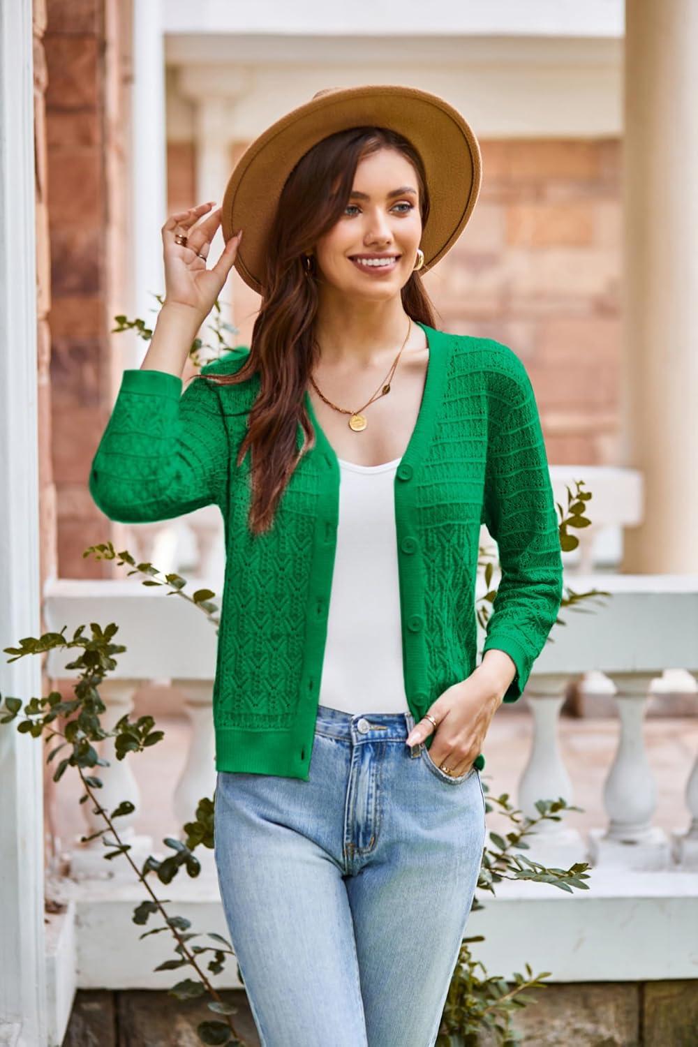 imageGRACE KARIN Women Lightweigt Cardigan 2026 Spring 34 Sleeve Crochet Sweaters Summer Cropped Knit Trendy Shrug TopsDark Green