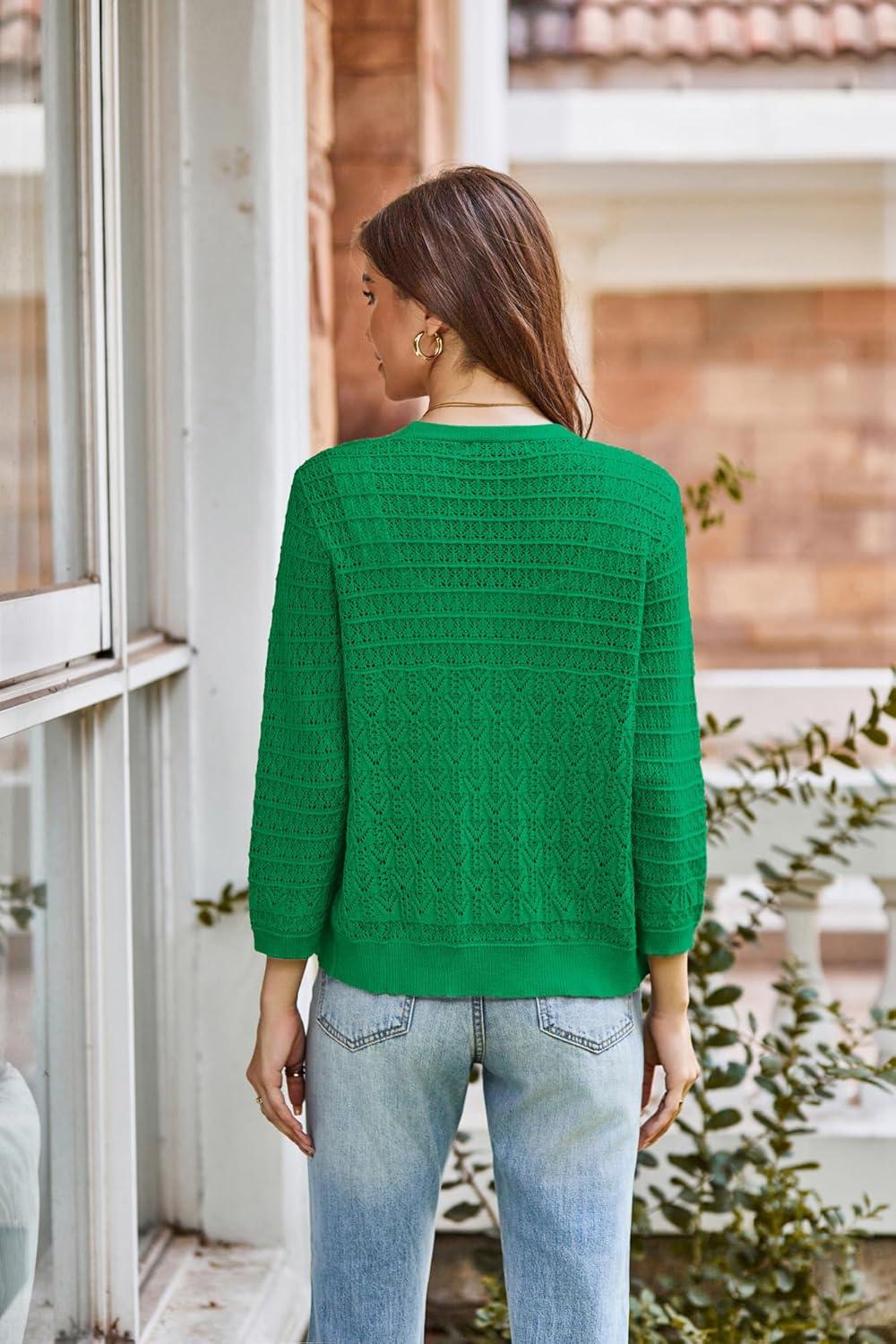 imageGRACE KARIN Women Lightweigt Cardigan 2026 Spring 34 Sleeve Crochet Sweaters Summer Cropped Knit Trendy Shrug TopsDark Green