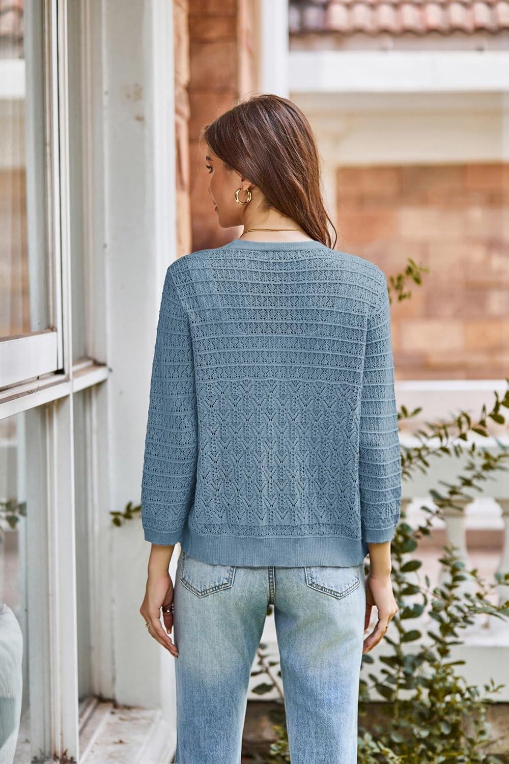 imageGRACE KARIN Women Lightweigt Cardigan 2026 Spring 34 Sleeve Crochet Sweaters Summer Cropped Knit Trendy Shrug TopsLight Gray Blue