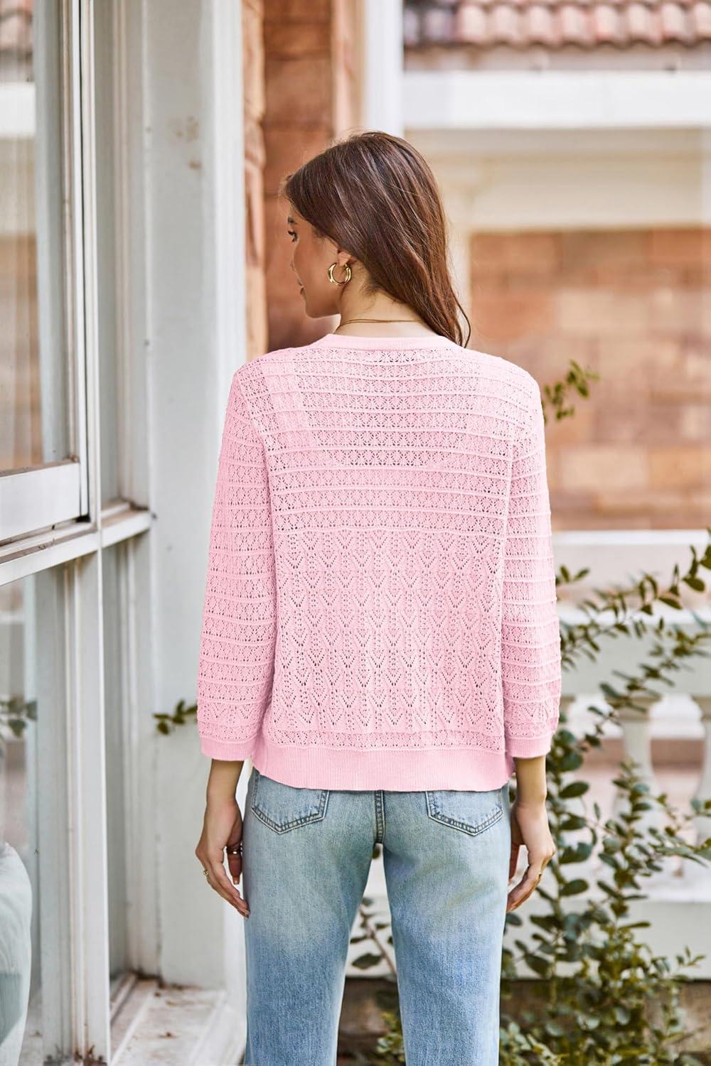 imageGRACE KARIN Women Lightweigt Cardigan 2026 Spring 34 Sleeve Crochet Sweaters Summer Cropped Knit Trendy Shrug TopsLight Pink