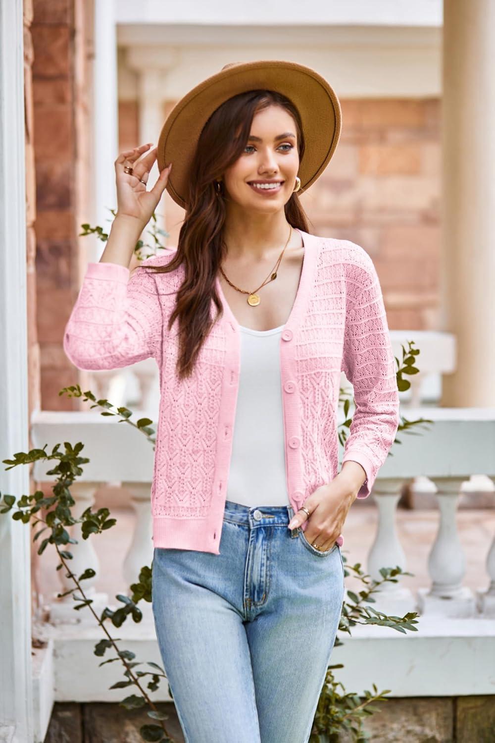 imageGRACE KARIN Women Lightweigt Cardigan 2026 Spring 34 Sleeve Crochet Sweaters Summer Cropped Knit Trendy Shrug TopsLight Pink