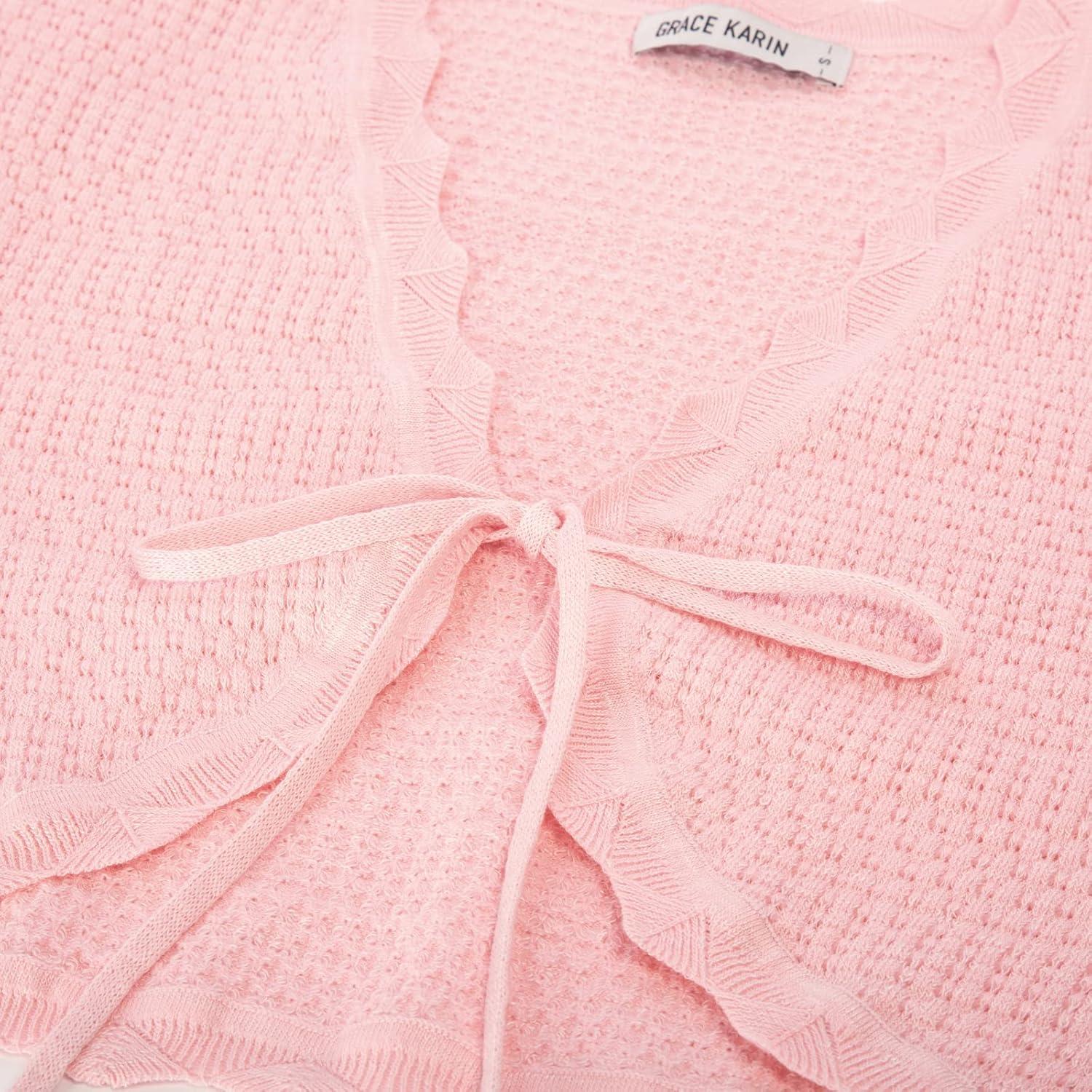imageGRACE KARIN Womens 34 Sleeve Bolero Shrug Sweater 2026 Lightweight Open Front Cropped Cardigan Knit Shrugs for Dresses Light Pink XL