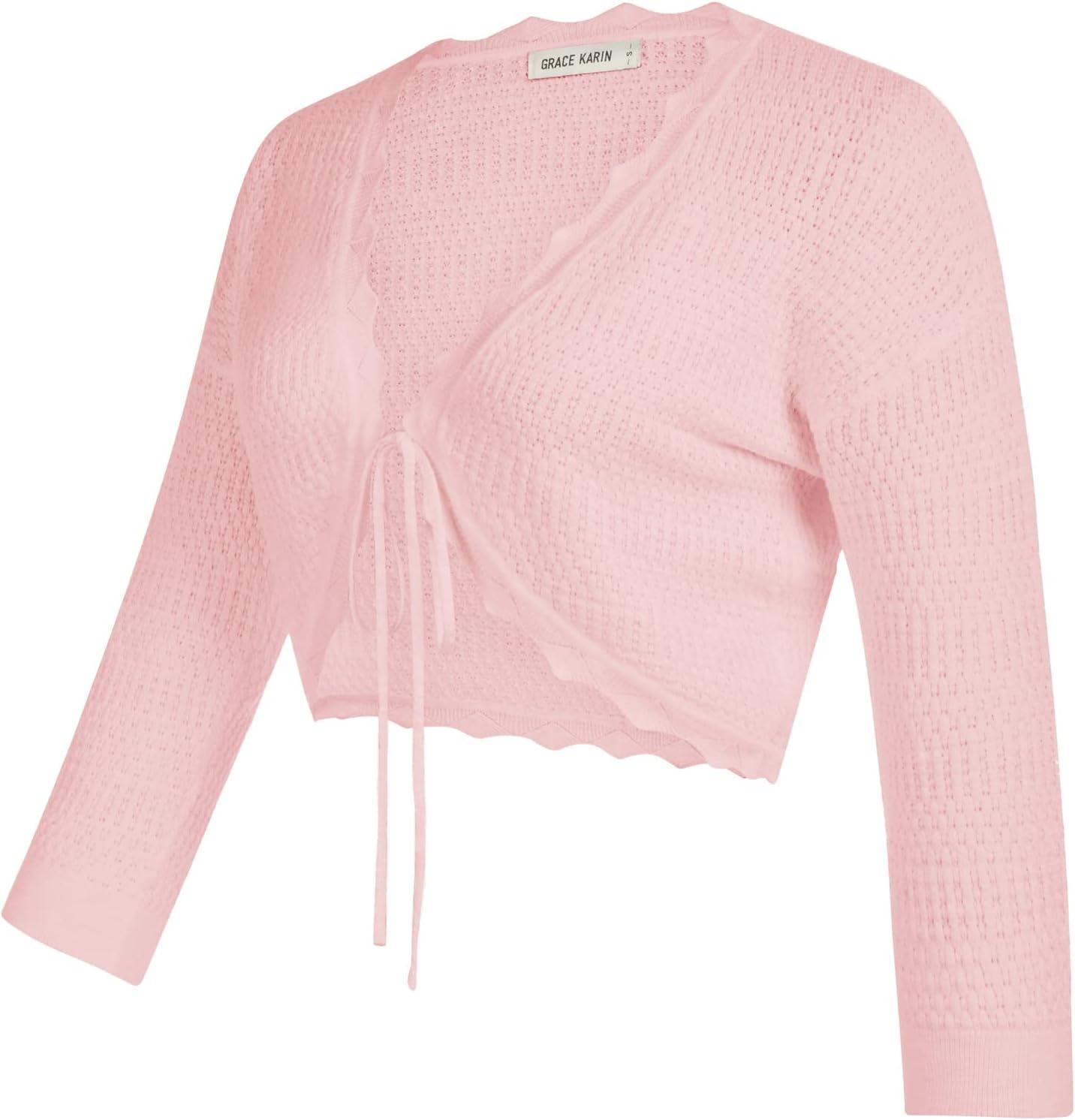 imageGRACE KARIN Womens 34 Sleeve Bolero Shrug Sweater 2026 Lightweight Open Front Cropped Cardigan Knit Shrugs for Dresses Light Pink XL