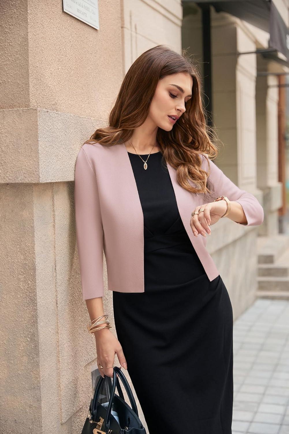 imageGRACE KARIN Womens 34 Sleeve Cropped Cardigan Sweater Lightweight Open Front Dressy Causal Shrug Spring FashionDusty Pink