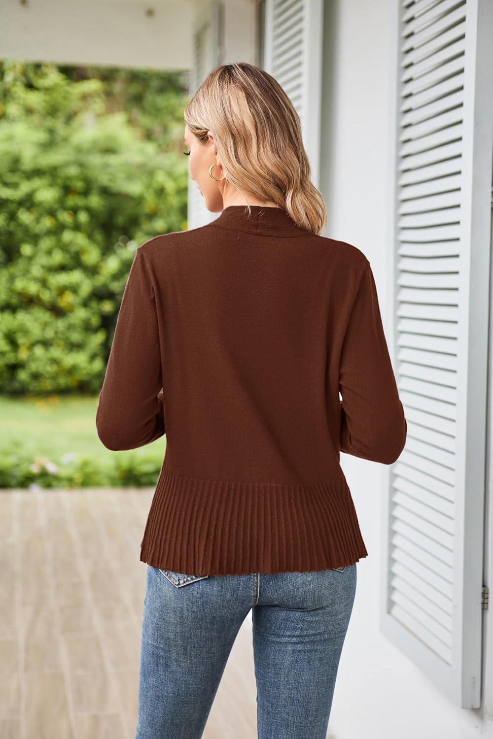 imageGRACE KARIN Womens Lightweight Peplum Cardigan Sweaters Open Front Cropped Cardigan Long Sleeve Trendy Summer Knit TopsBrown