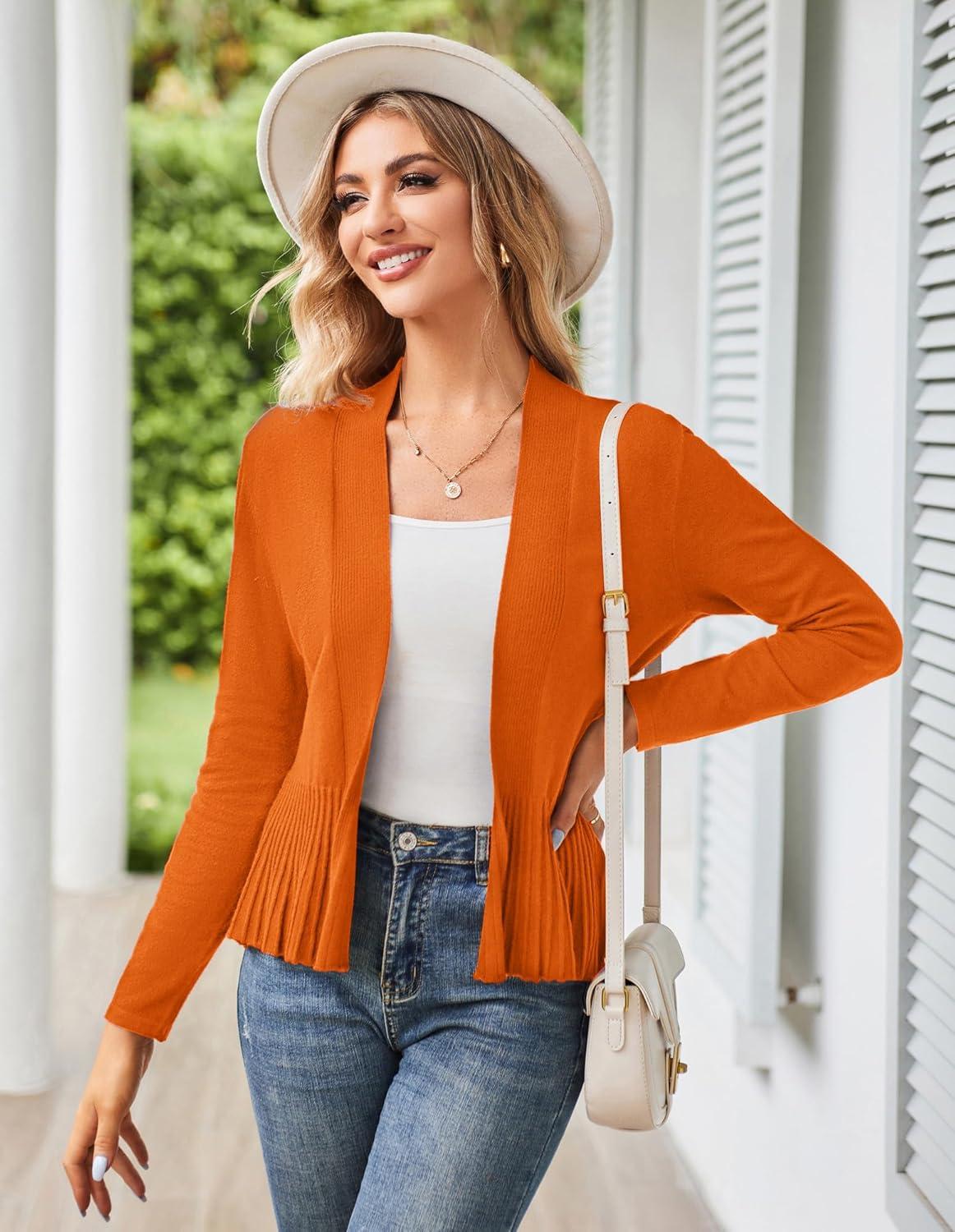 imageGRACE KARIN Womens Lightweight Peplum Cardigan Sweaters Open Front Cropped Cardigan Long Sleeve Trendy Summer Knit TopsGlorious Orange