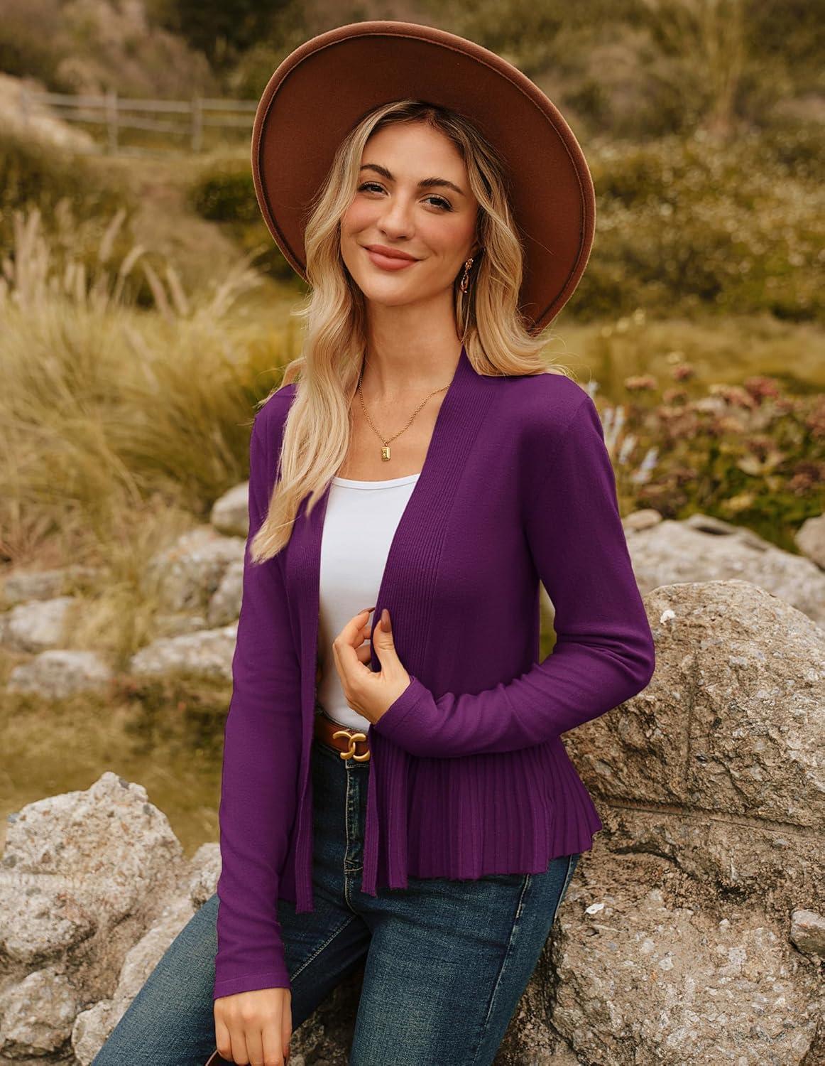 imageGRACE KARIN Womens Lightweight Peplum Cardigan Sweaters Open Front Cropped Cardigan Long Sleeve Trendy Summer Knit TopsMulberry
