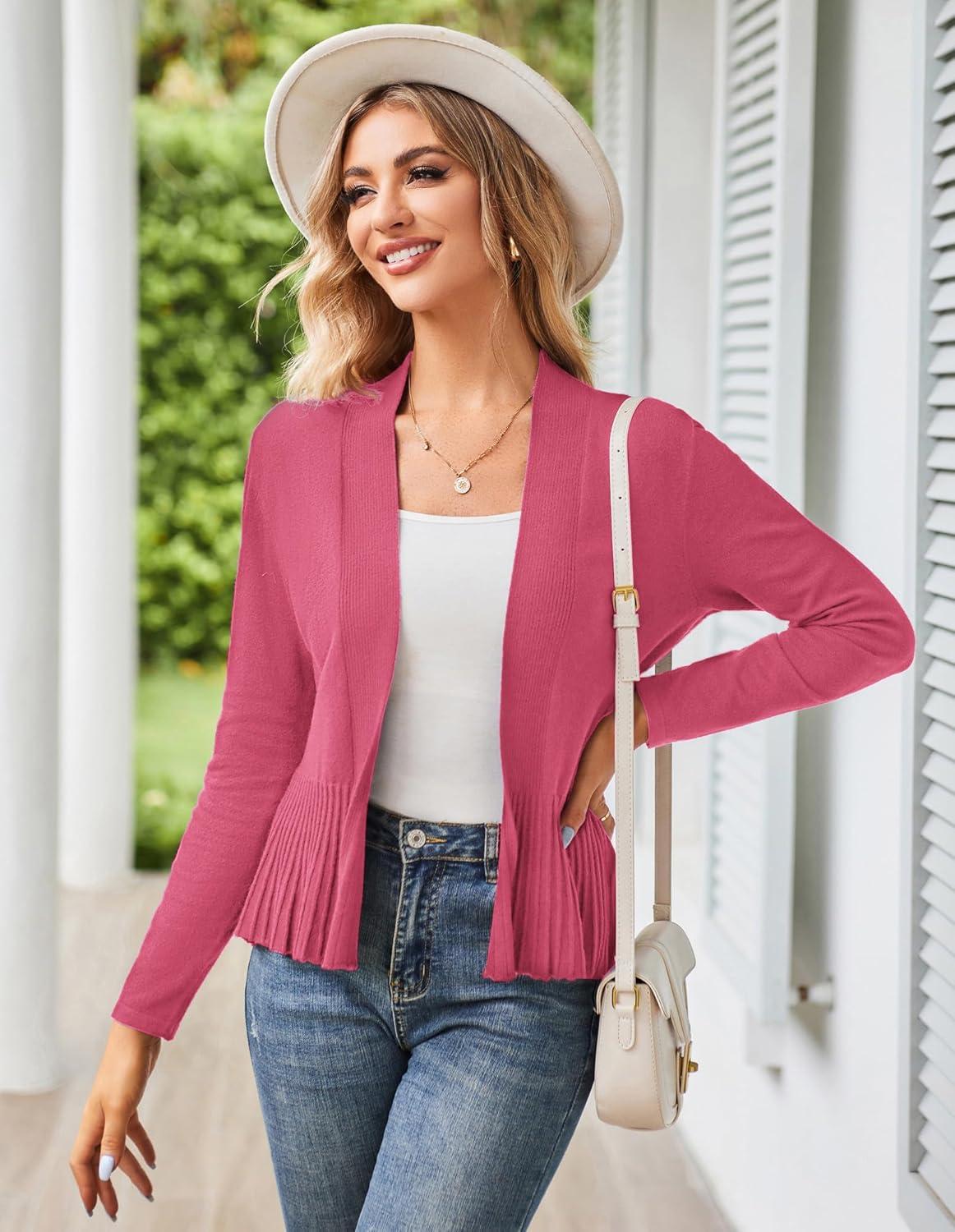 imageGRACE KARIN Womens Lightweight Peplum Cardigan Sweaters Open Front Cropped Cardigan Long Sleeve Trendy Summer Knit TopsPeach Red