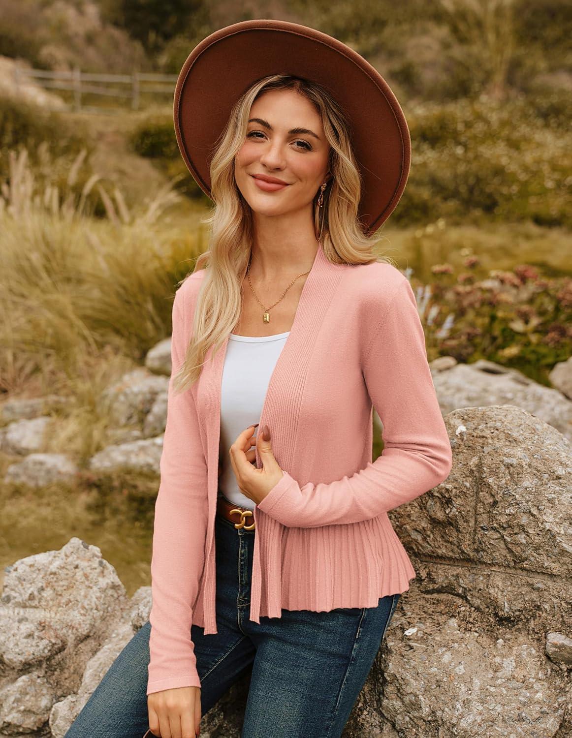 imageGRACE KARIN Womens Lightweight Peplum Cardigan Sweaters Open Front Cropped Cardigan Long Sleeve Trendy Summer Knit TopsPink