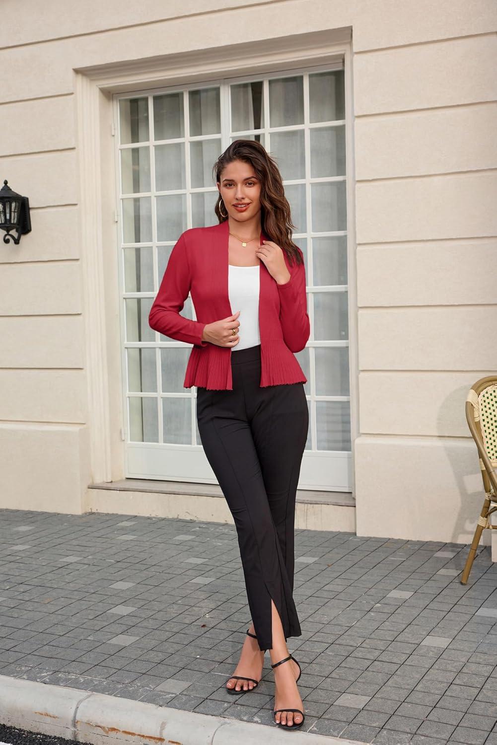 imageGRACE KARIN Womens Lightweight Peplum Cardigan Sweaters Open Front Cropped Cardigan Long Sleeve Trendy Summer Knit TopsRed