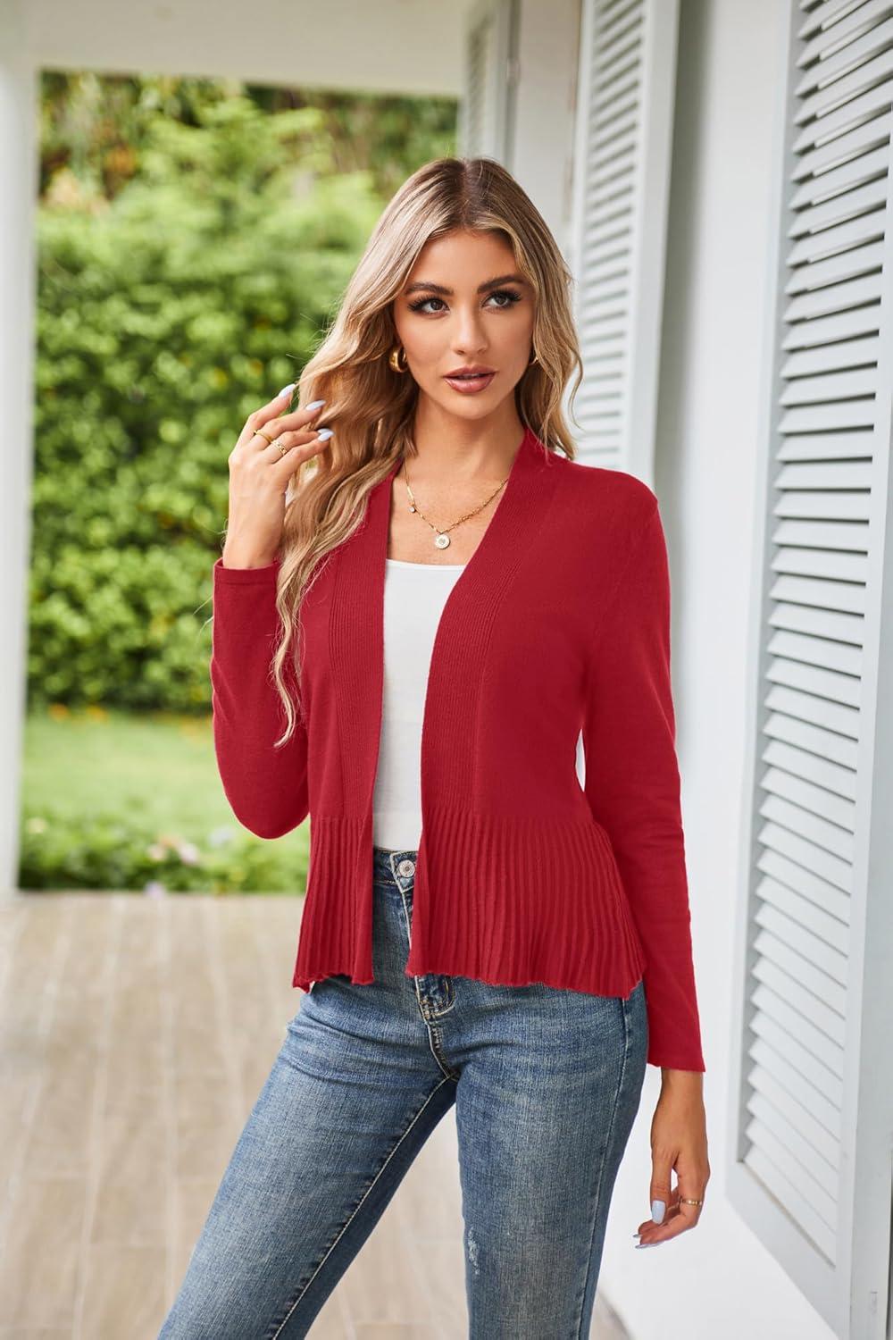 imageGRACE KARIN Womens Lightweight Peplum Cardigan Sweaters Open Front Cropped Cardigan Long Sleeve Trendy Summer Knit TopsRed