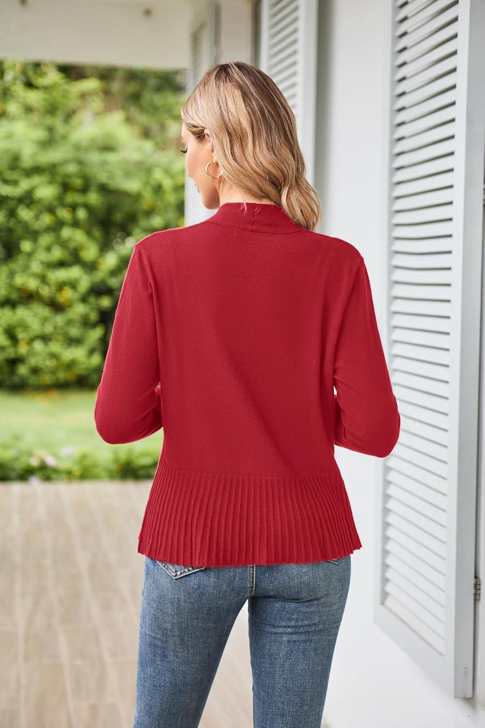 imageGRACE KARIN Womens Lightweight Peplum Cardigan Sweaters Open Front Cropped Cardigan Long Sleeve Trendy Summer Knit TopsRed