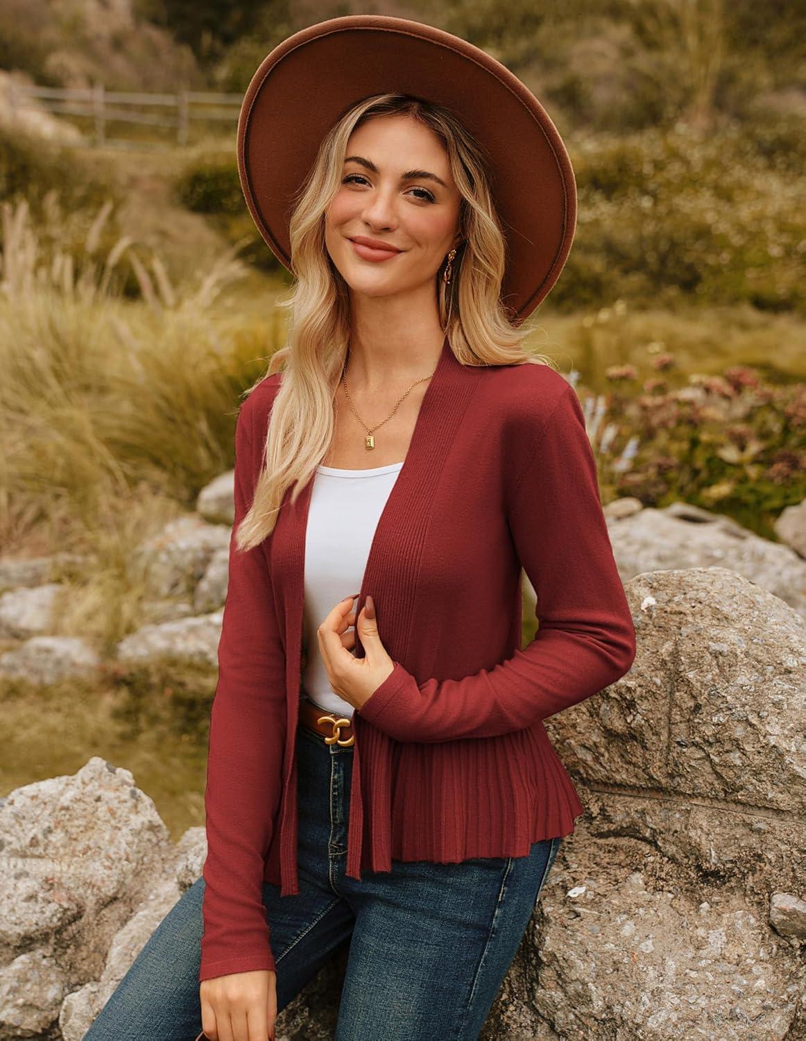 imageGRACE KARIN Womens Lightweight Peplum Cardigan Sweaters Open Front Cropped Cardigan Long Sleeve Trendy Summer Knit TopsRosewood