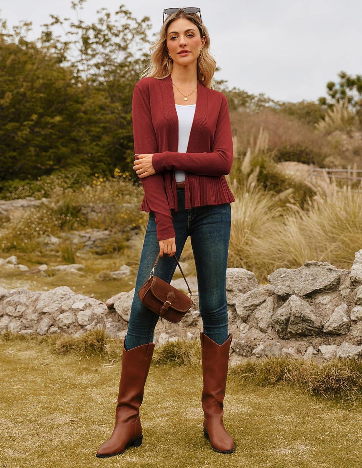 imageGRACE KARIN Womens Lightweight Peplum Cardigan Sweaters Open Front Cropped Cardigan Long Sleeve Trendy Summer Knit TopsRosewood
