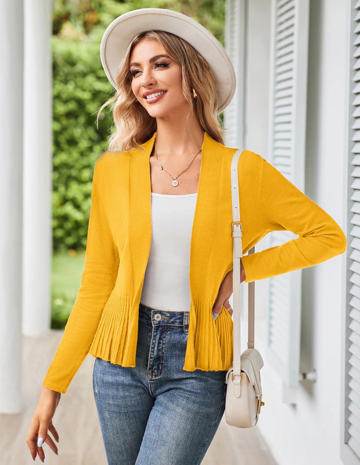 imageGRACE KARIN Womens Lightweight Peplum Cardigan Sweaters Open Front Cropped Cardigan Long Sleeve Trendy Summer Knit TopsTurmeric